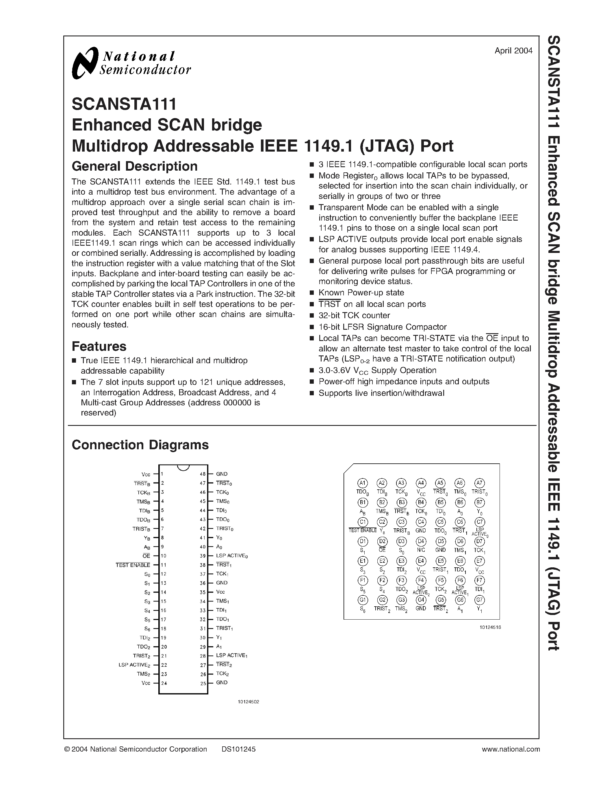 Даташит SCANSTA111 - Enhanced SCAN bridge Multidrop Addressable IEEE 1149.1 (JTAG) Port страница 1