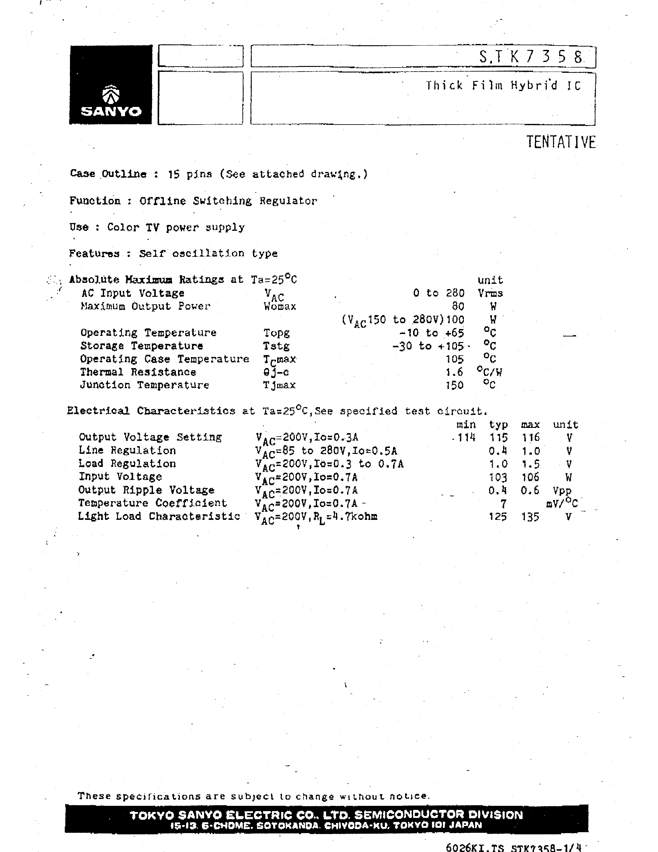 Datasheet STK7358 - Thick Film Hybrid IC page 1