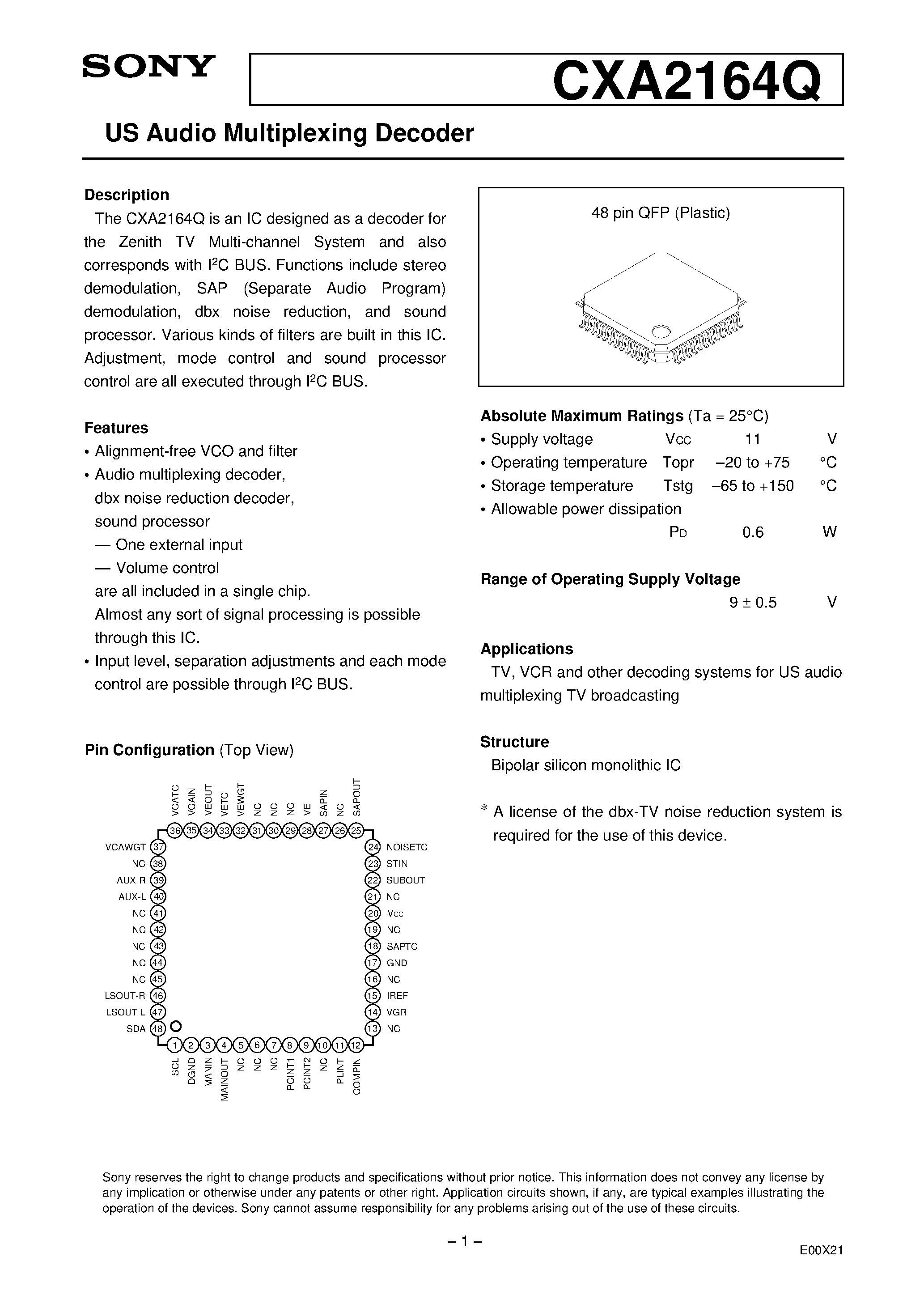 Datasheet CXA2164Q - US Audio Multiplexing Decoder page 1