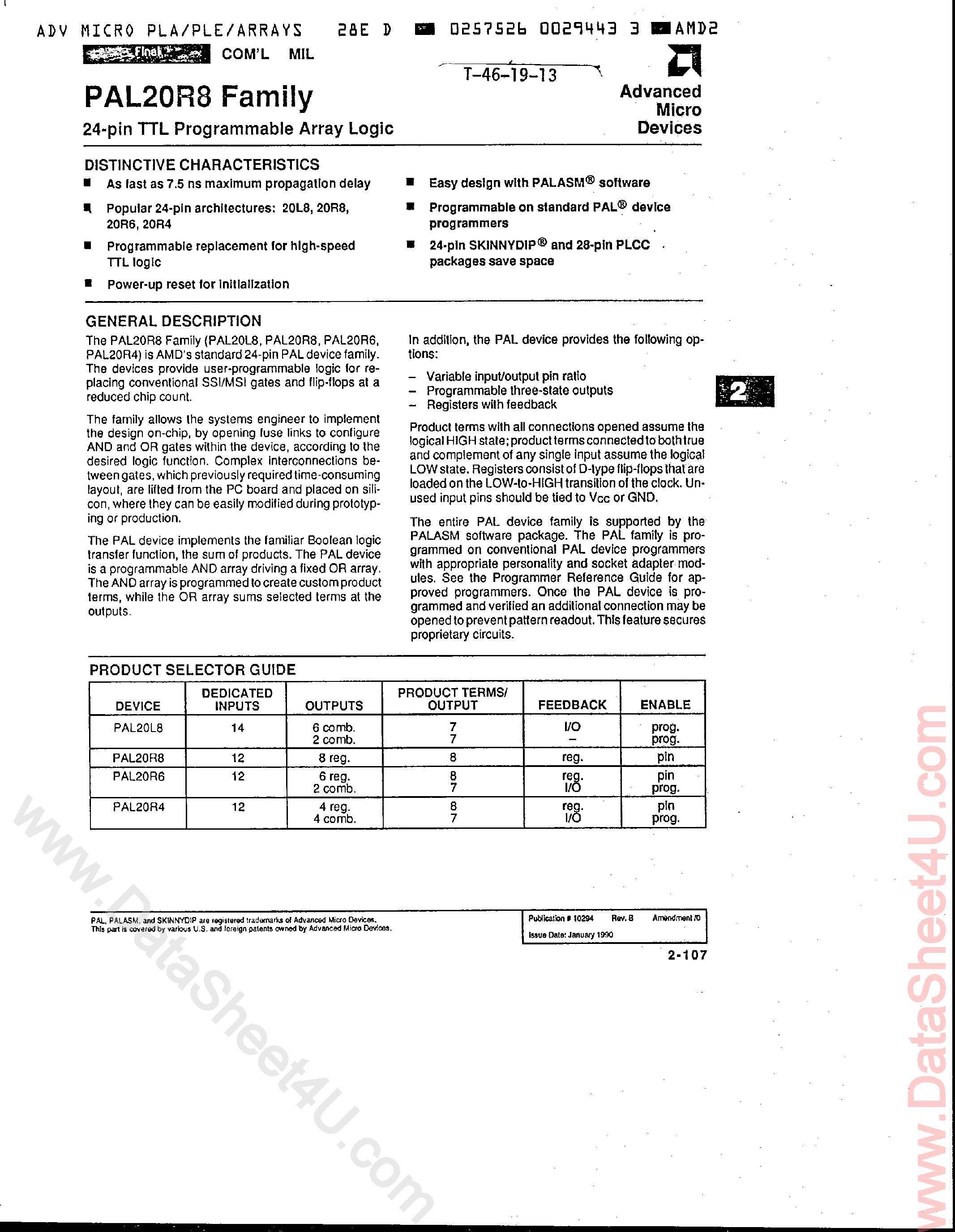 Даташит PAL20L8A - 24-Pin TTL Programmable Array Logic страница 1