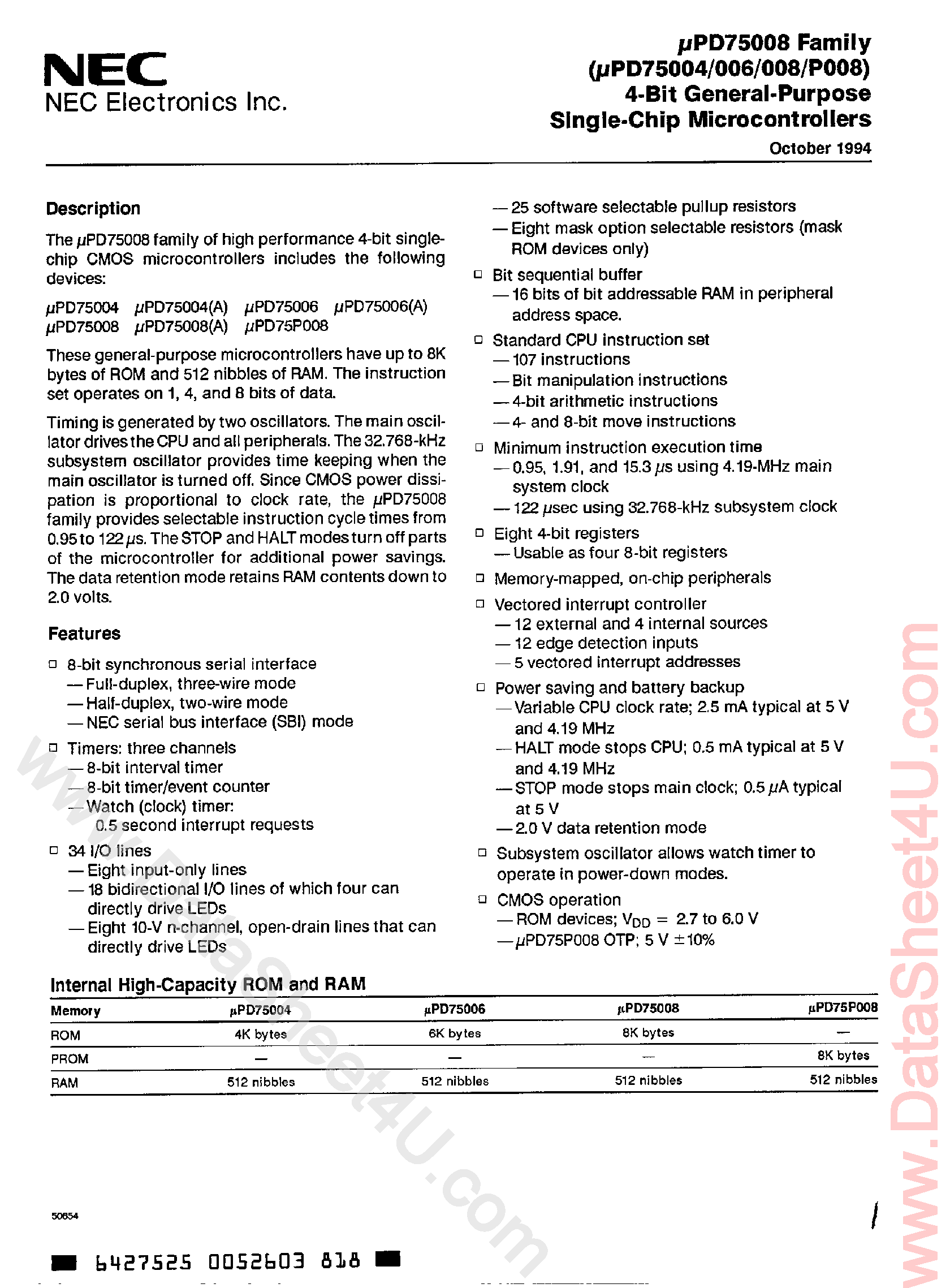 Datasheet UPD75004 - (UPD75P00x) 4-Bit General-Purpose Shingle-Chip Microcontrollers page 1