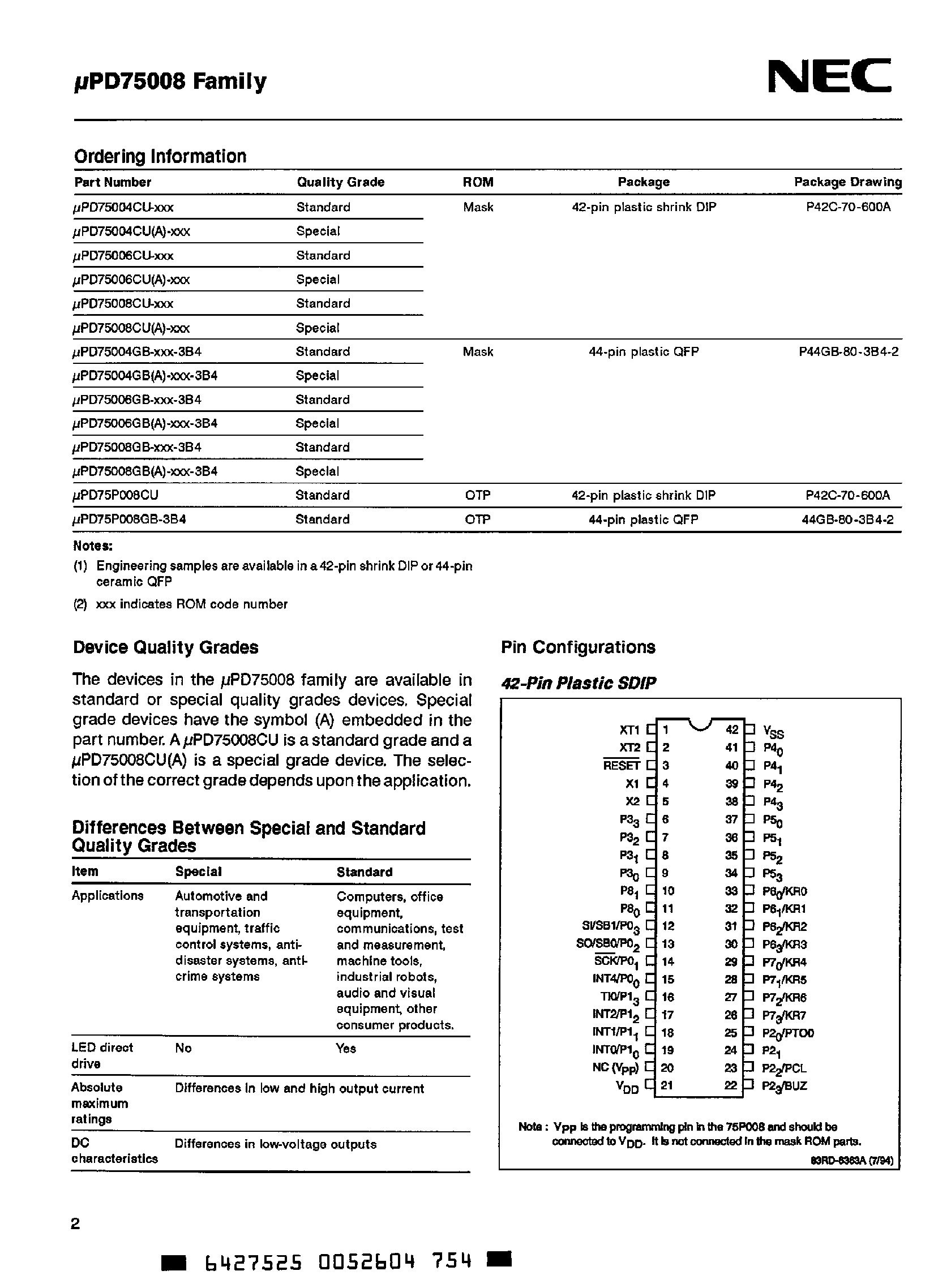 Datasheet UPD75004 - (UPD75P00x) 4-Bit General-Purpose Shingle-Chip Microcontrollers page 2