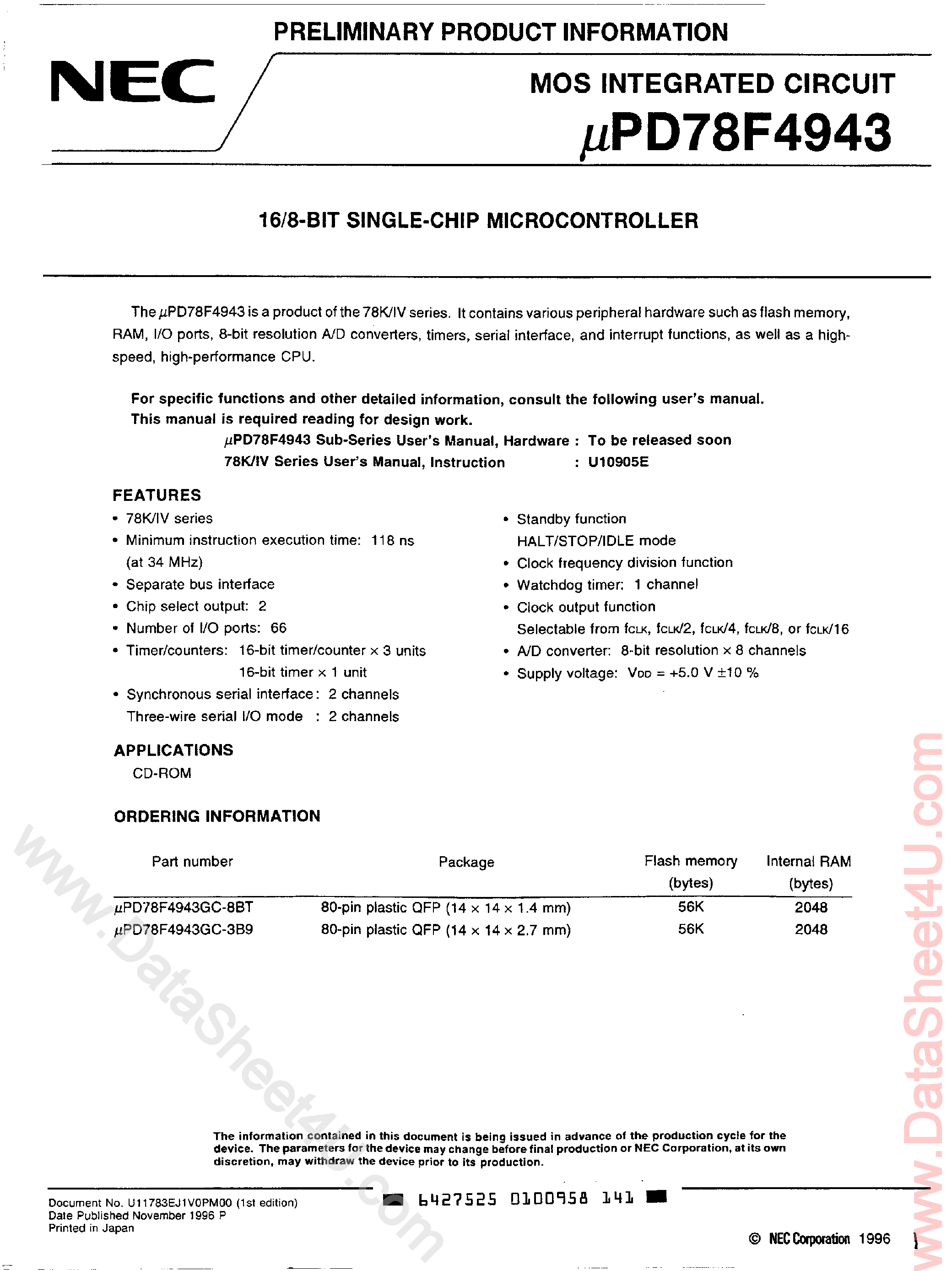 Даташит UPD78F4943 - 16/8-Bit Single-Chip Microcontroller страница 1