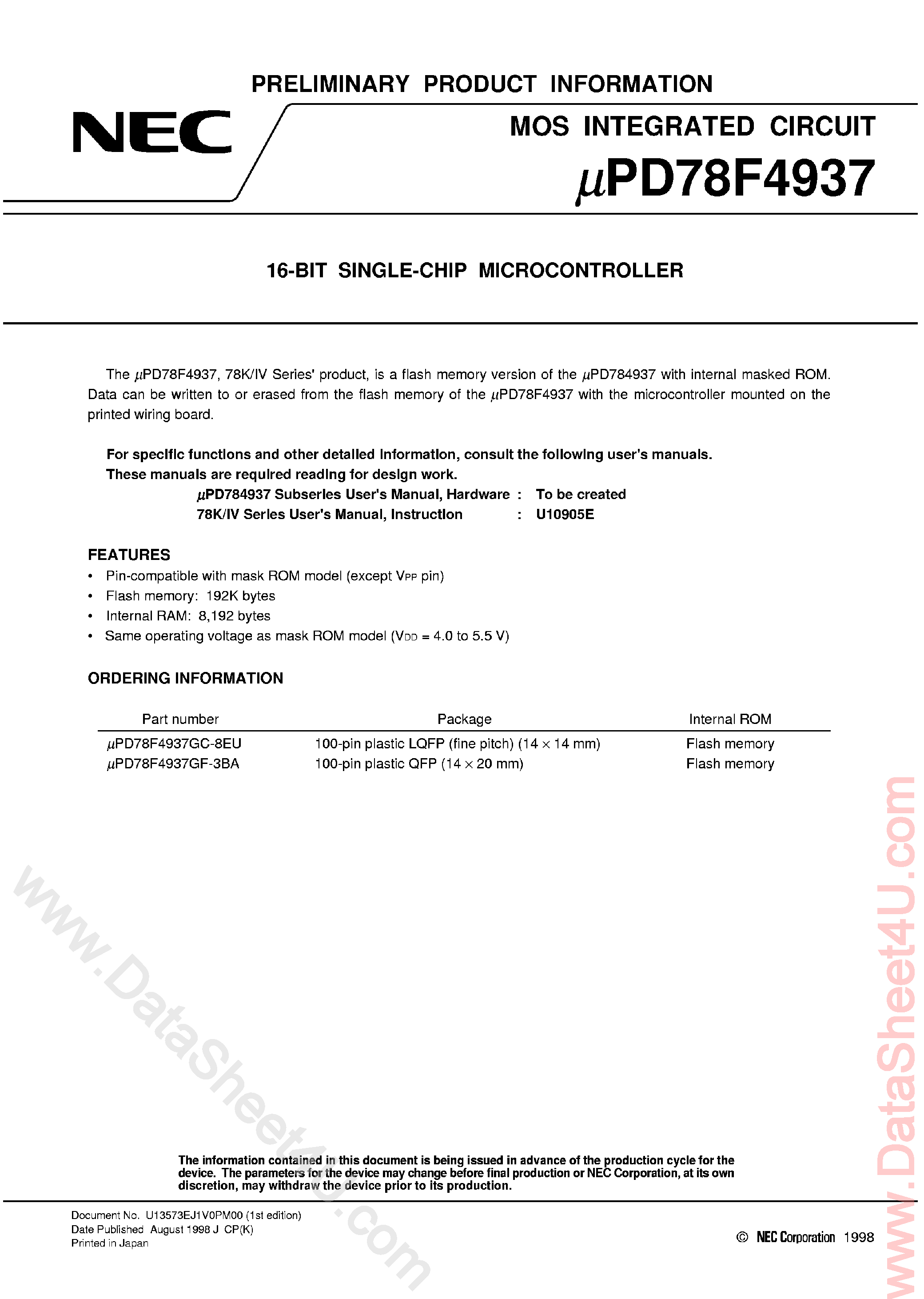 Даташит UPD78F4937 - 16/8-Bit Single-Chip Microcontroller страница 1