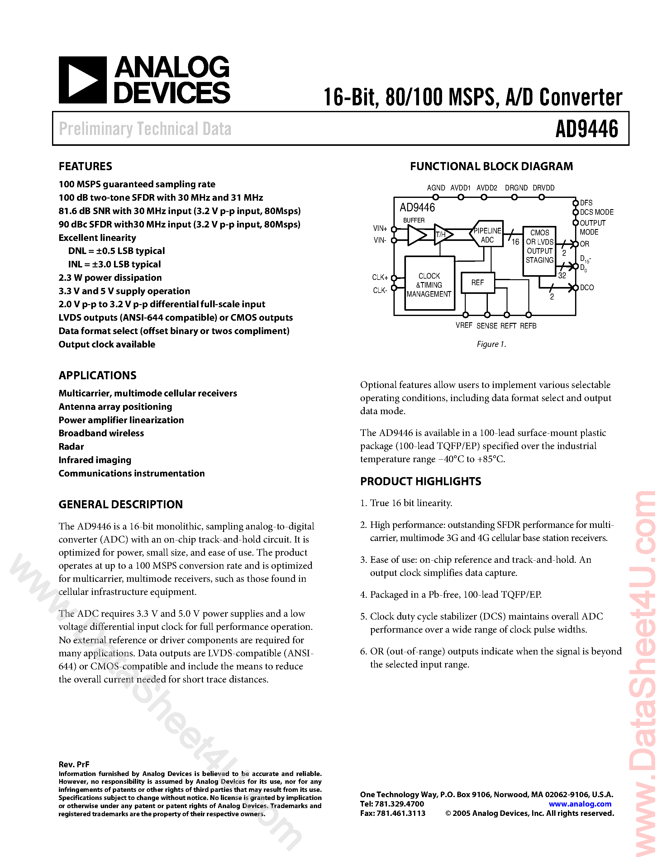 Datasheet AD9446 - 16-Bit 80/100 MSPS A/D Converter page 1