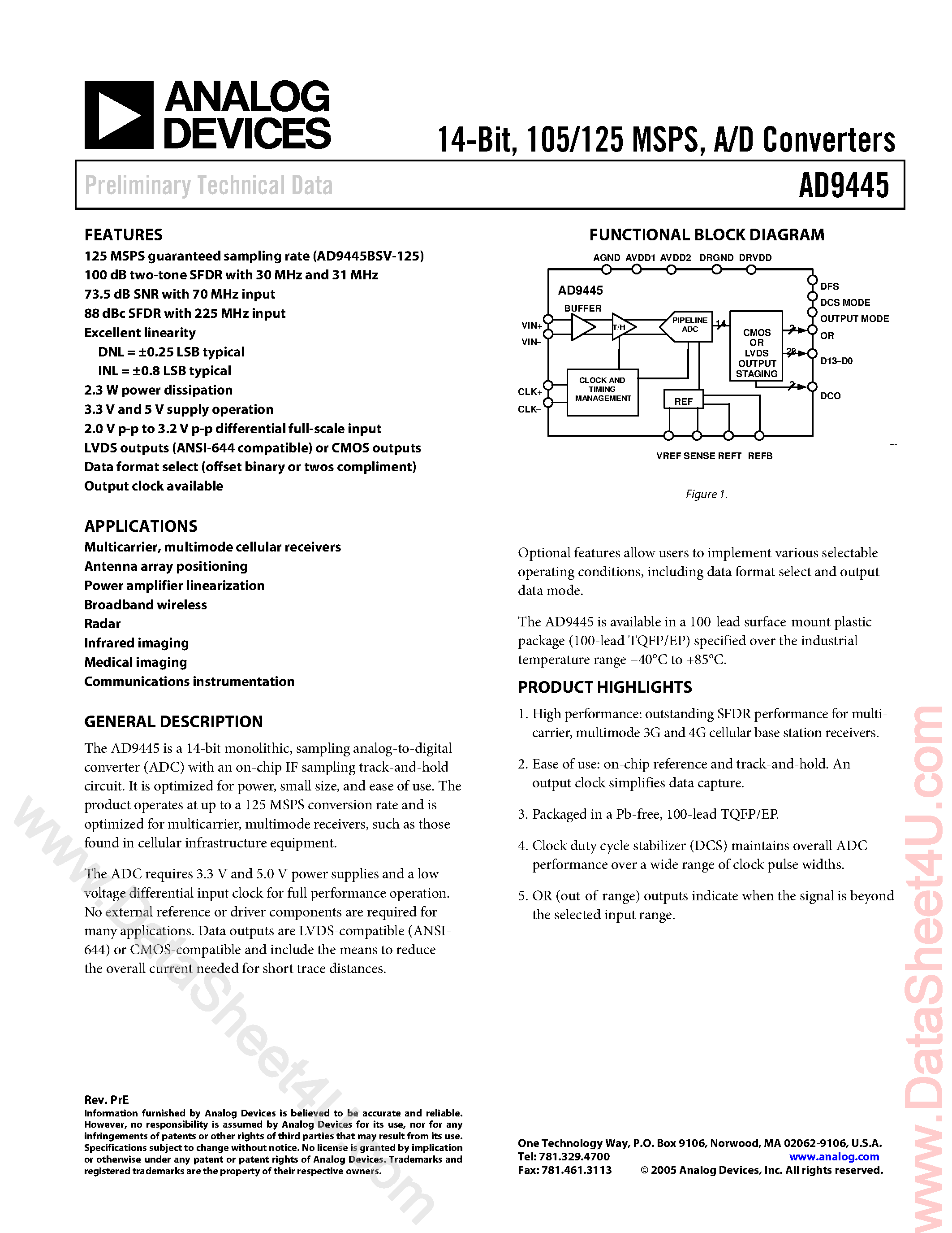 Datasheet AD9445 - 14-Bit 105/125 MSPS A/D Converter page 1