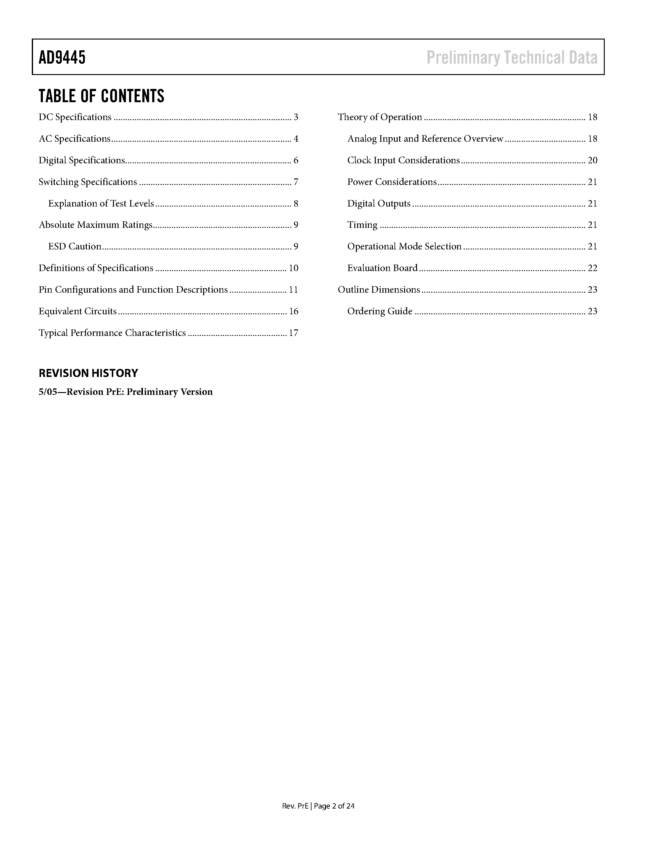 Datasheet AD9445 - 14-Bit 105/125 MSPS A/D Converter page 2