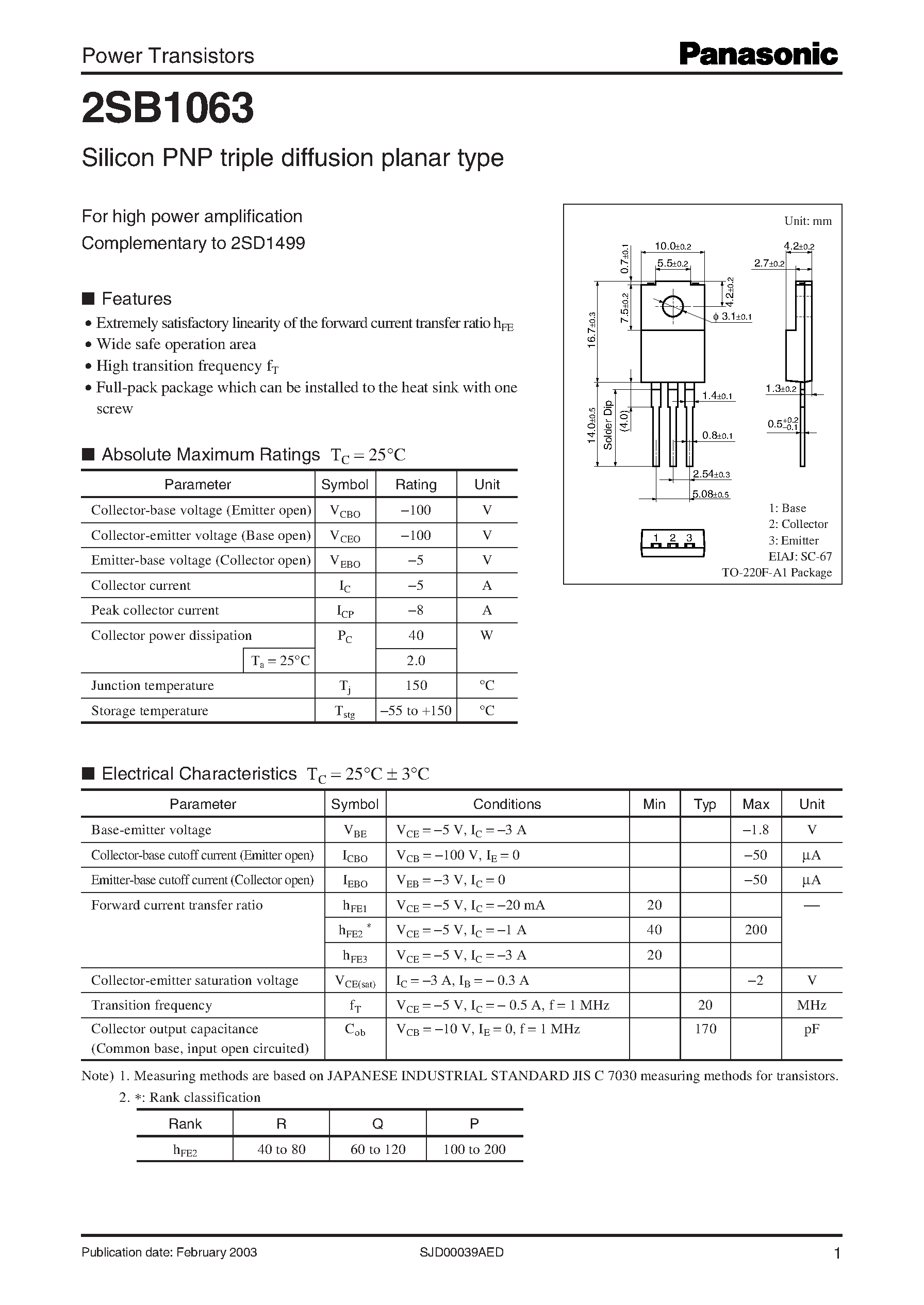 Даташит 2SB1063 - High Power Amplifier Complementary Pair with 2SD1499 страница 1