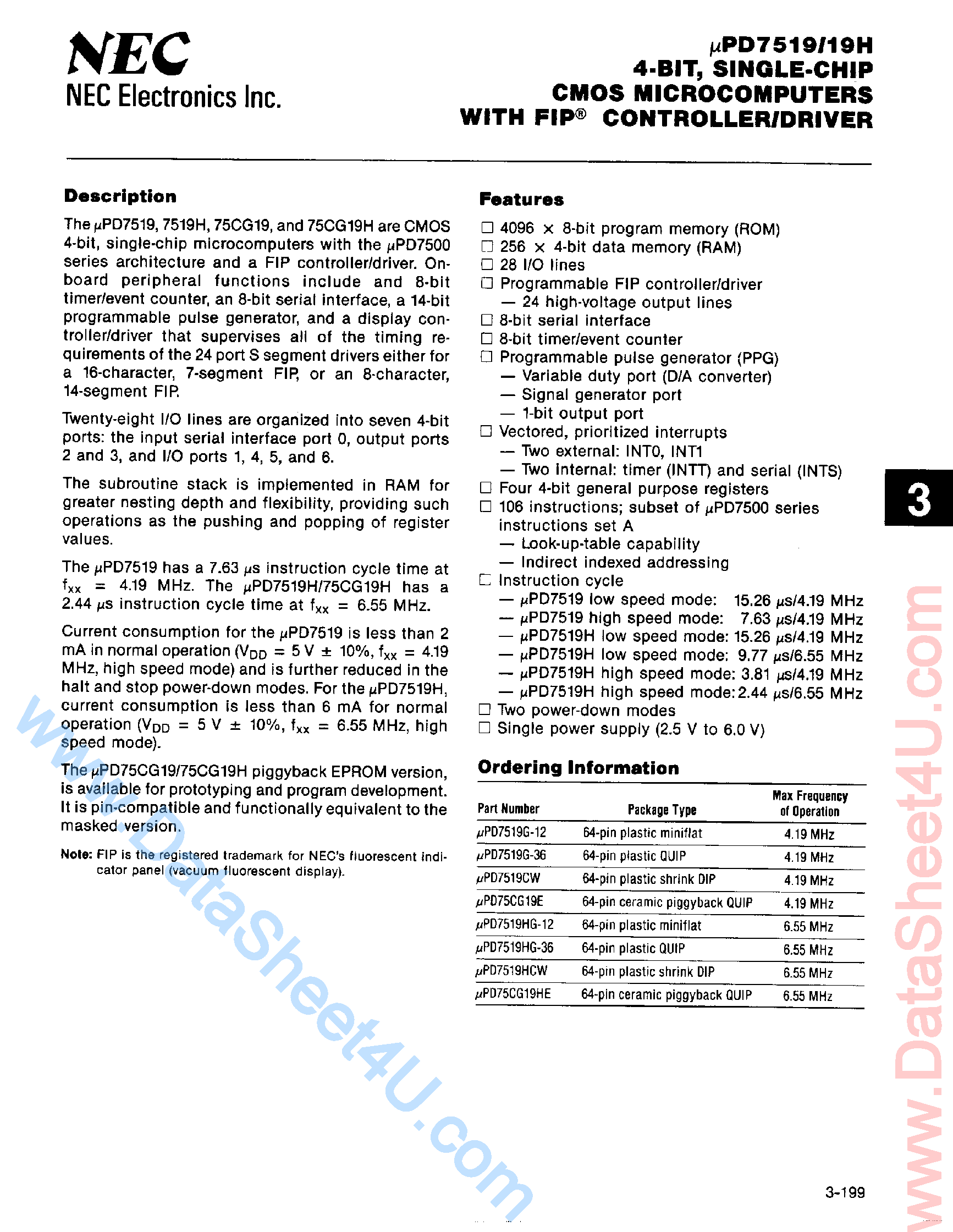 Datasheet UPD7519 - 4-Bit Single-Chip CMOS Microcomputers page 1