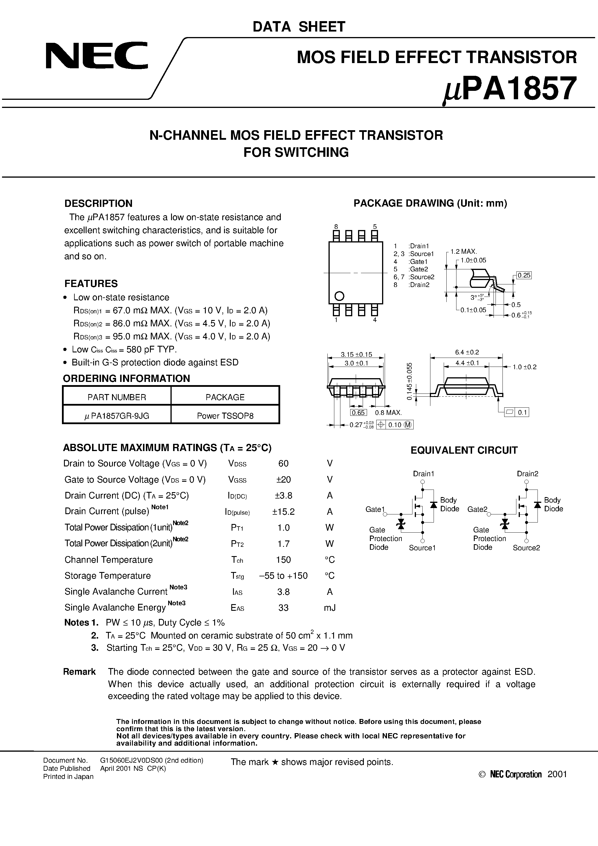 Даташит UPA1857 - N-CHANNEL MOS FIELD EFFECT TRANSISTOR FOR SWITCHING страница 1