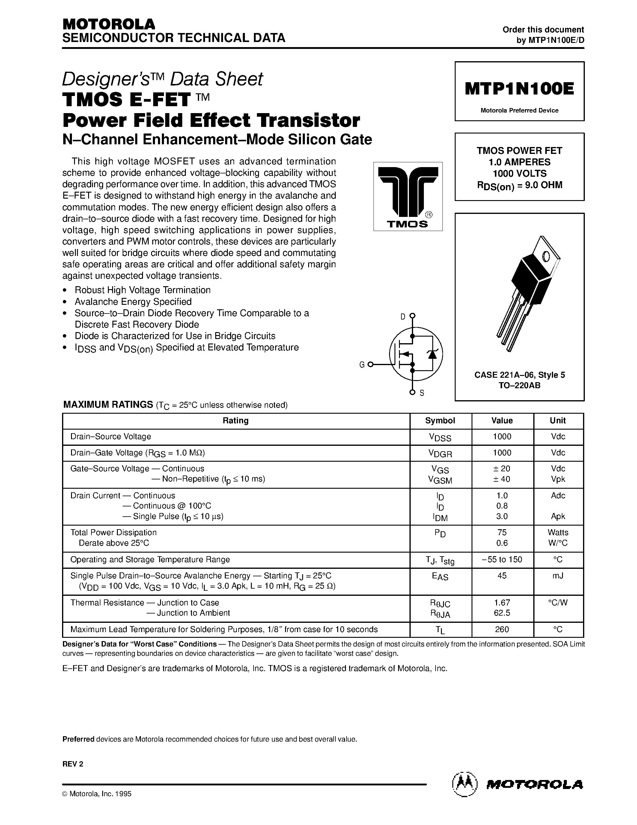 Даташит MTP1N100E - TMOS POWER FET 1.0 AMPERES 1000 VOLTS RDS(on) = 9.0 OHM страница 1