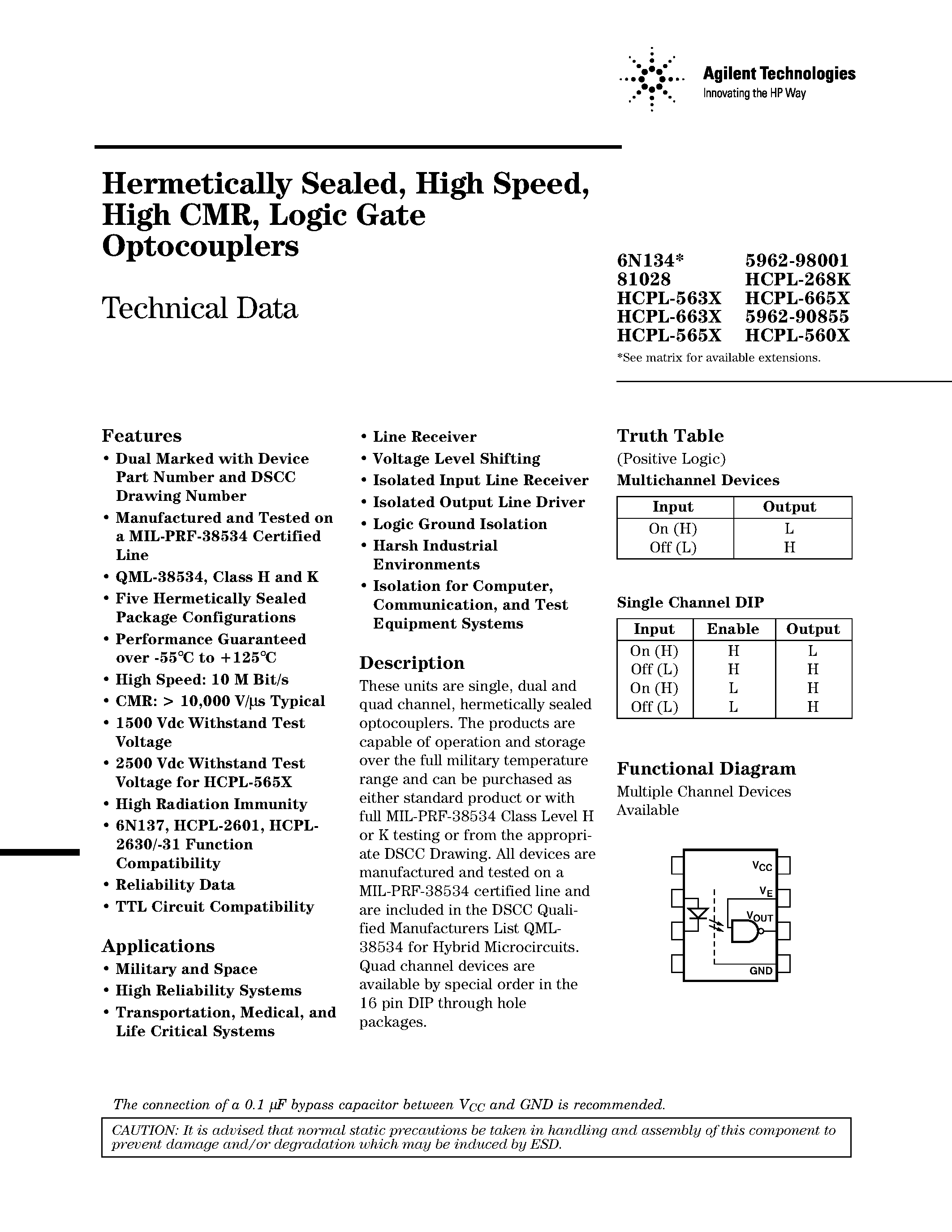 Datasheet HCPL-268K - (HCPL-xxxx) Hermetically Sealed / High Speed / High CMR / Logic Gate Optocouplers page 1