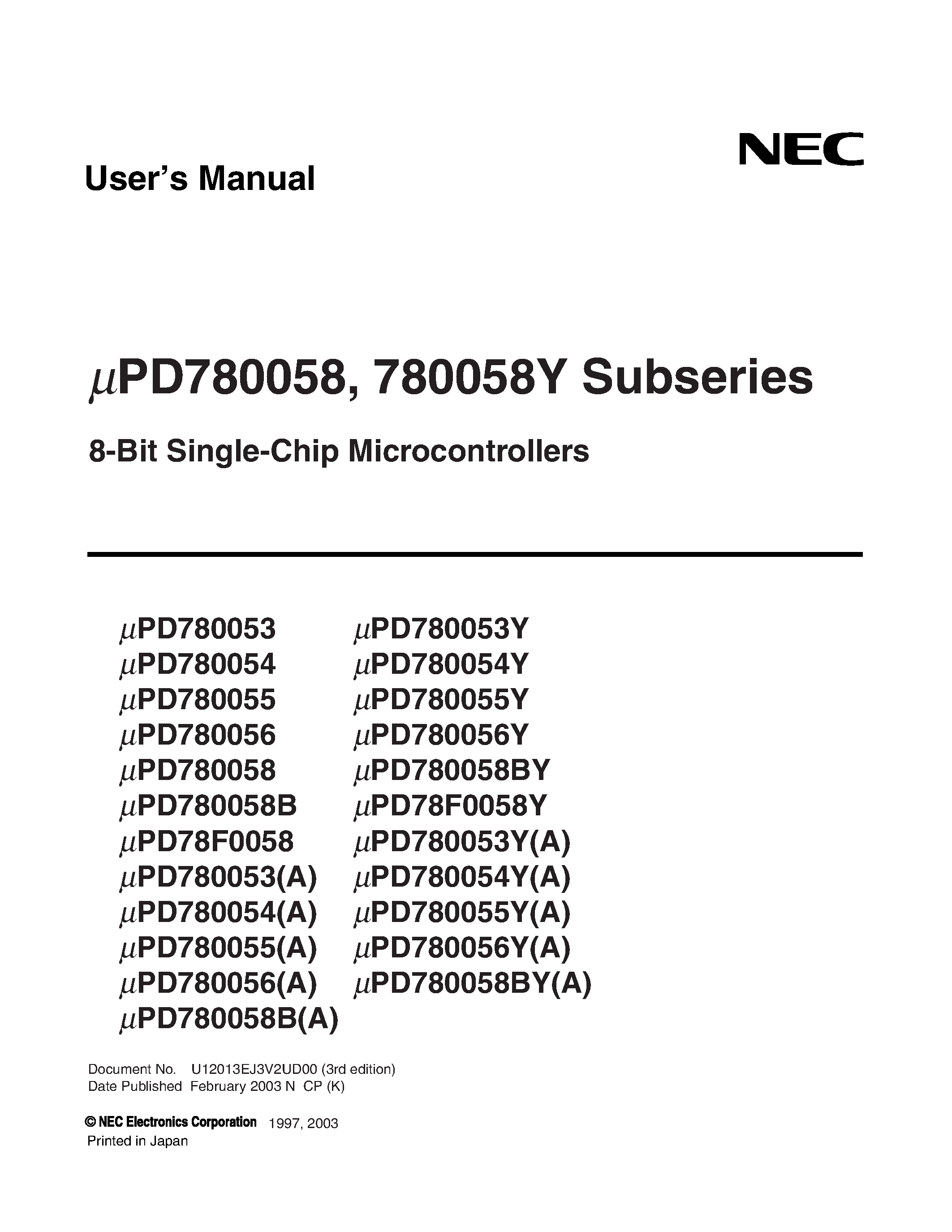 Даташит UPD780053 - (UPD78F005x) 8-Bit Single-Chip Microcontrollers страница 1