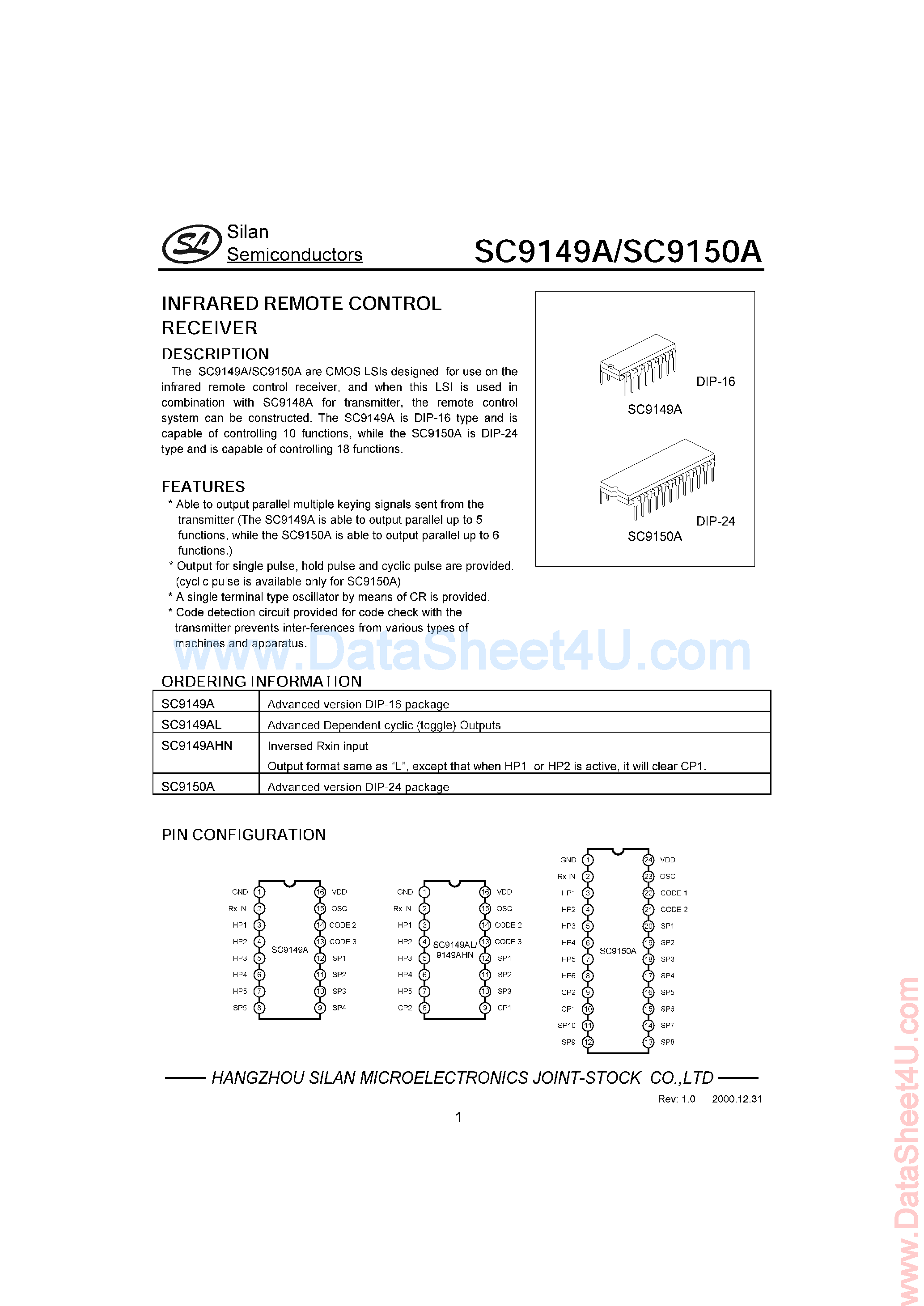 Даташит SC9149A - (SC9149A / SC9150A) 6.0V infrared remote control receiver страница 1