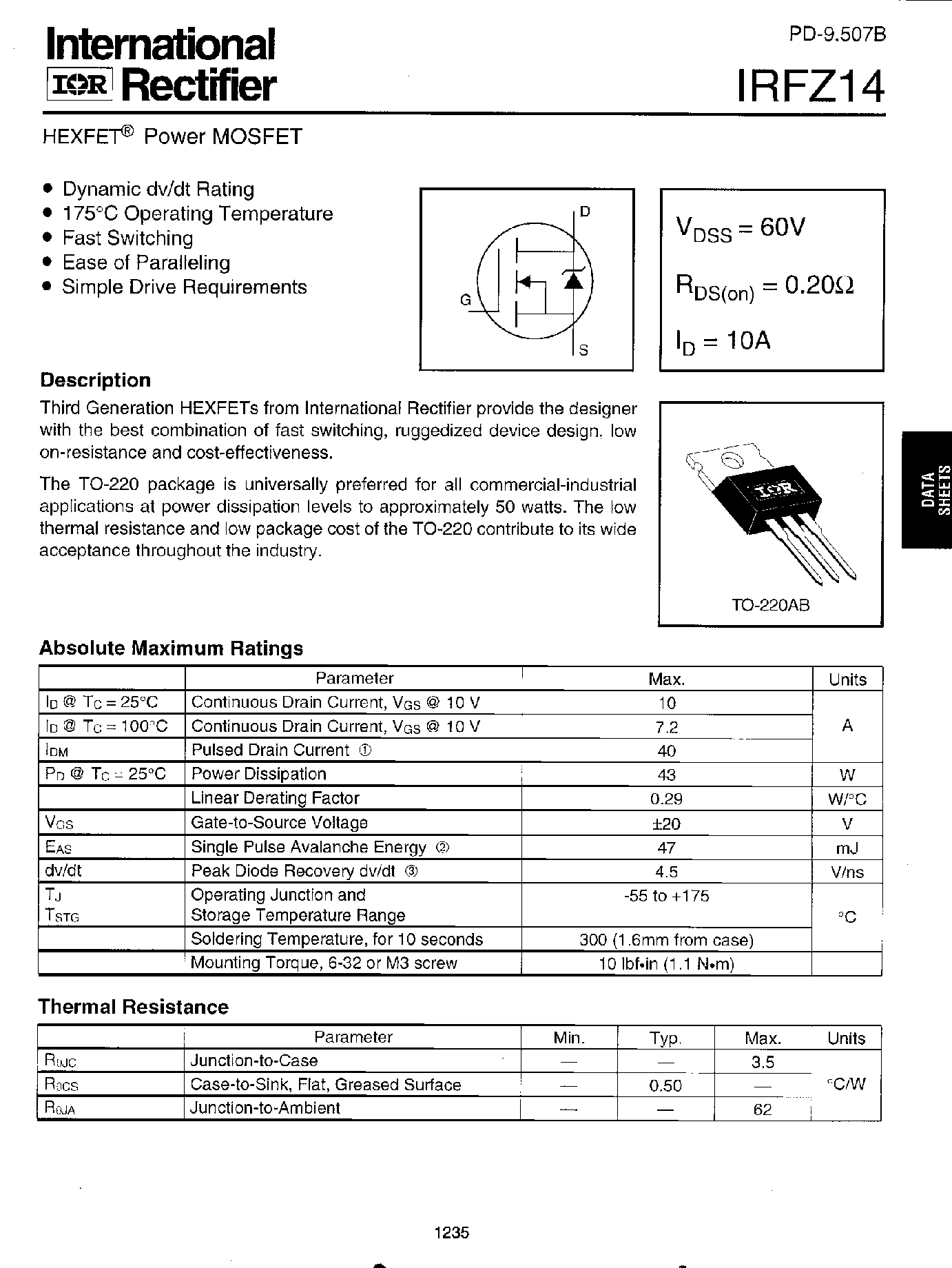 Даташит IRFZ14 - HEXFET Power MOSFET страница 1