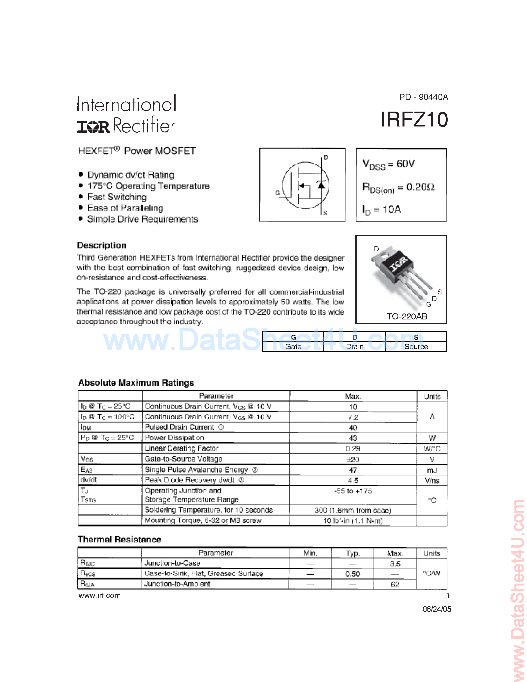 Даташит IRFZ10 - HEXFET Power MOSFET страница 1