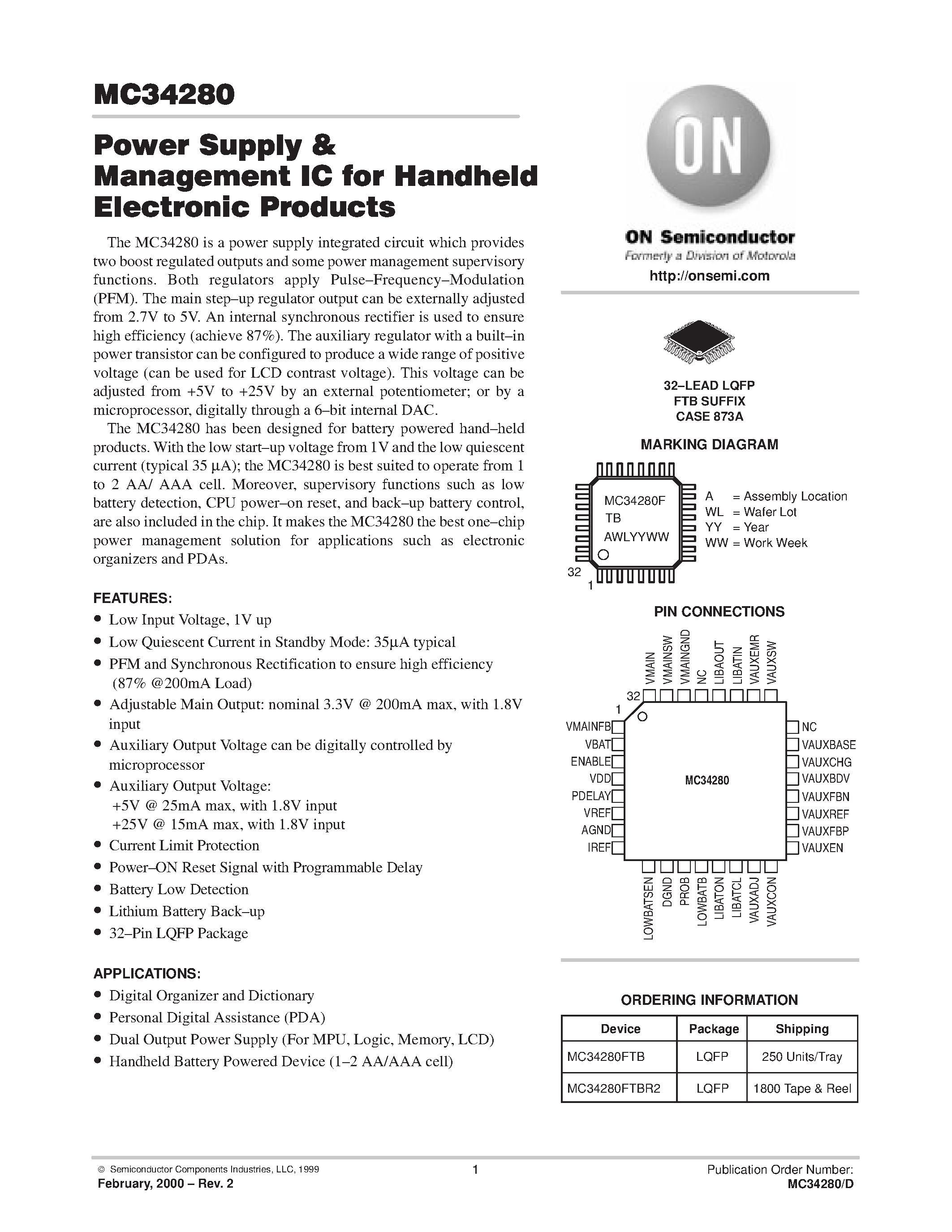 Даташит MC34280 - Power Supply & Management IC for Handheld Electronic Products страница 1