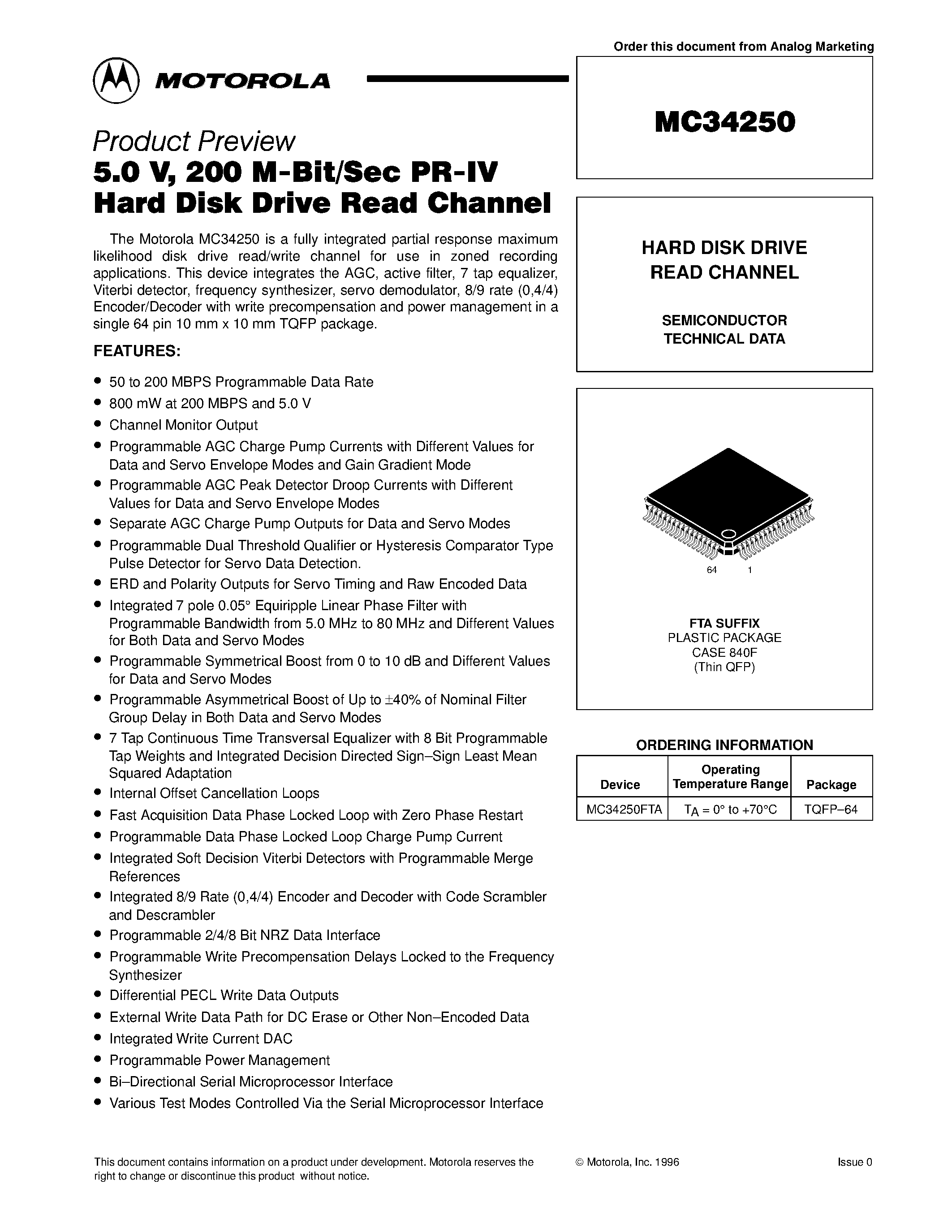 Даташит MC34250 - HARD DISK DRIVE READ CHANNEL страница 1