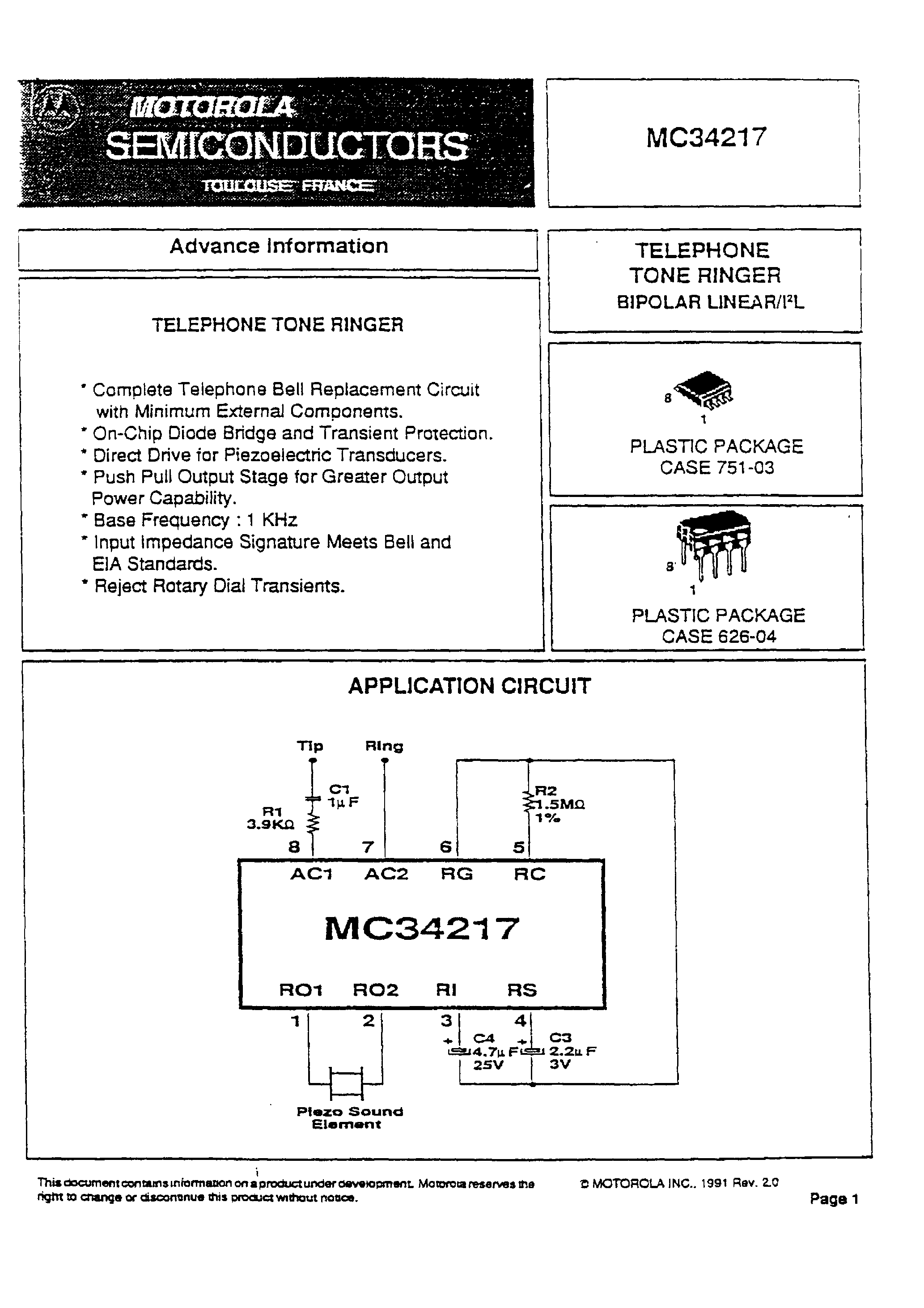 Даташит MC34217 - Telephone tone ringer страница 1