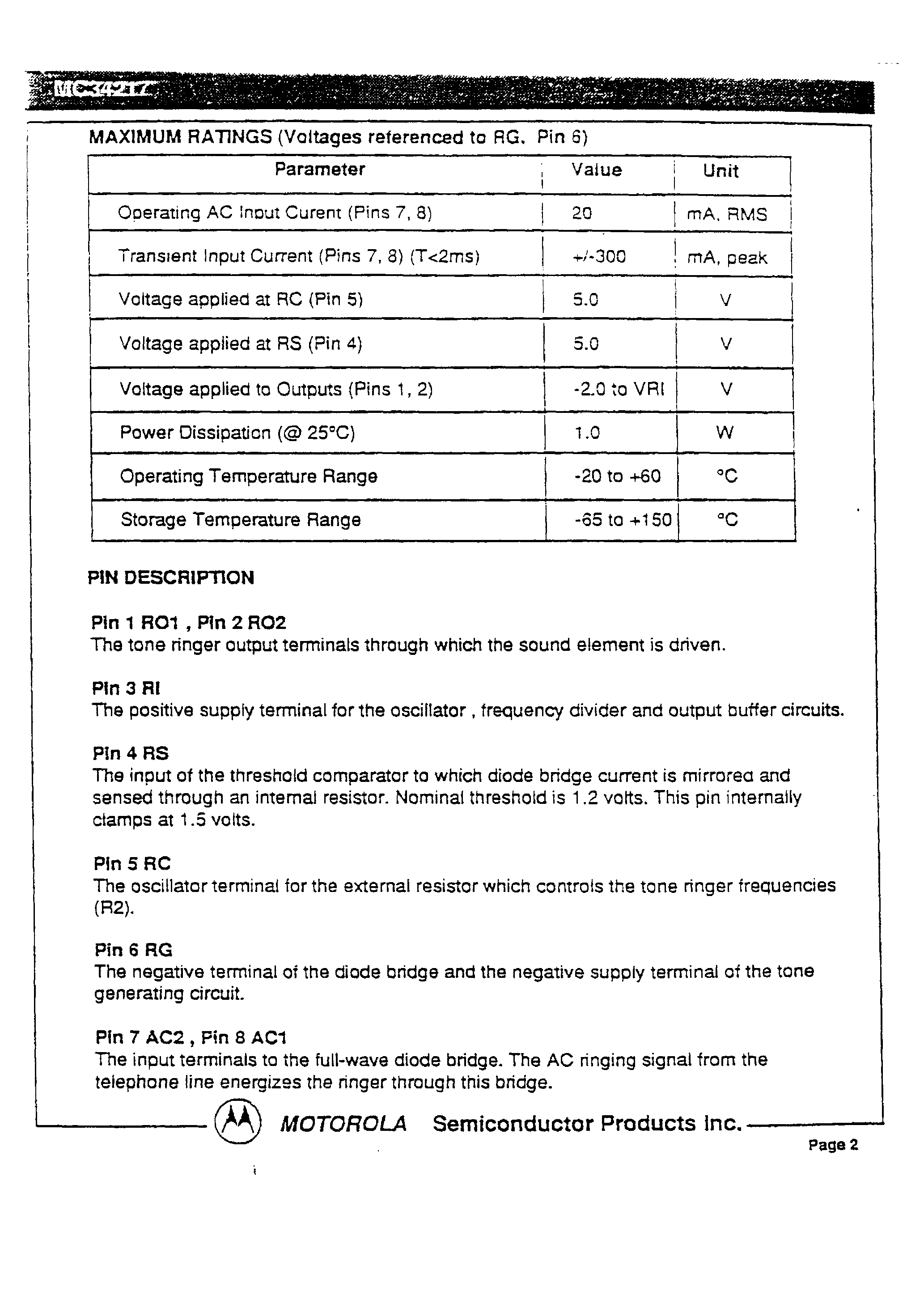Даташит MC34217 - Telephone tone ringer страница 2