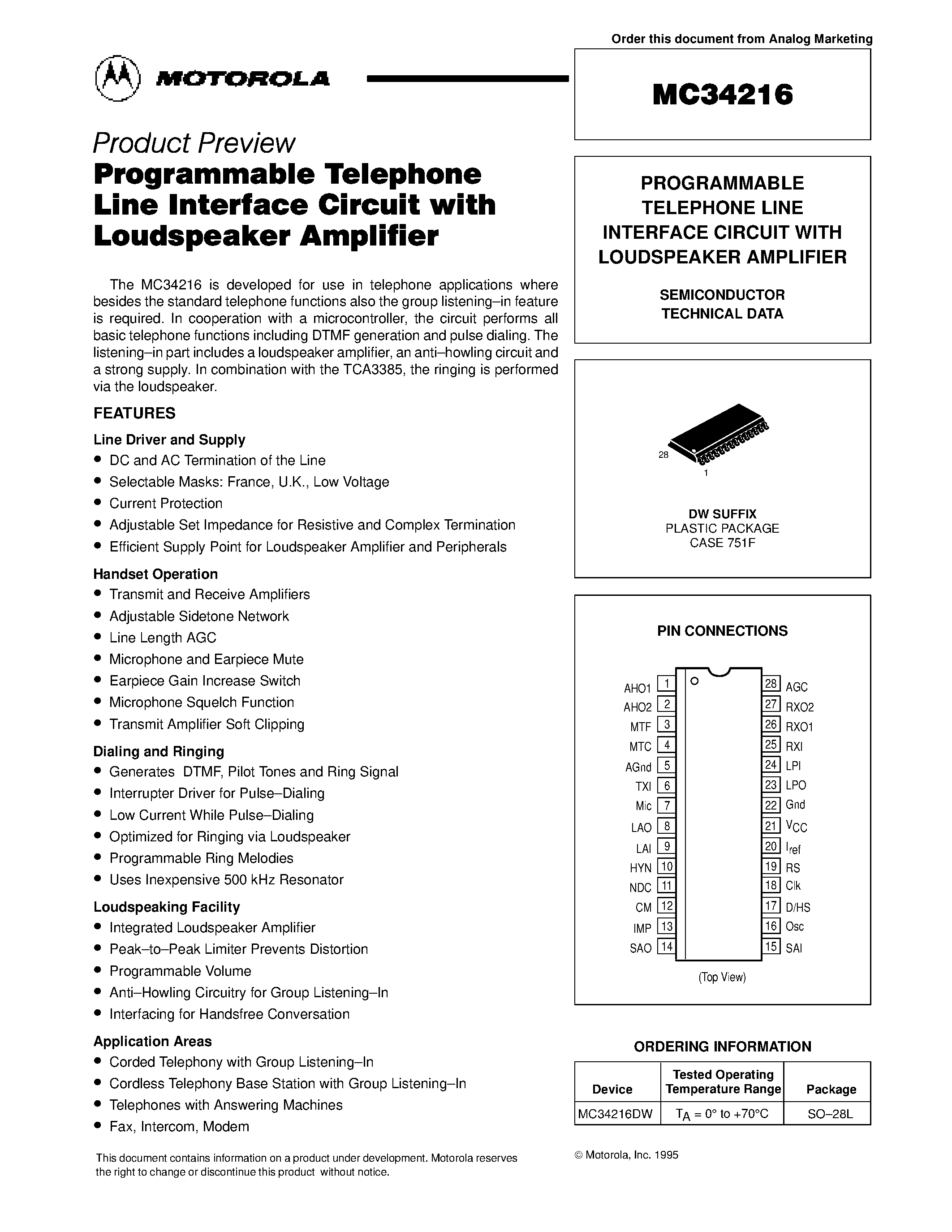 Даташит MC34216 - PROGRAMMABLE TELEPHONE LINE INTERFACE CIRCUIT WITH LOUDSPEAKER AMPLIFIER страница 1