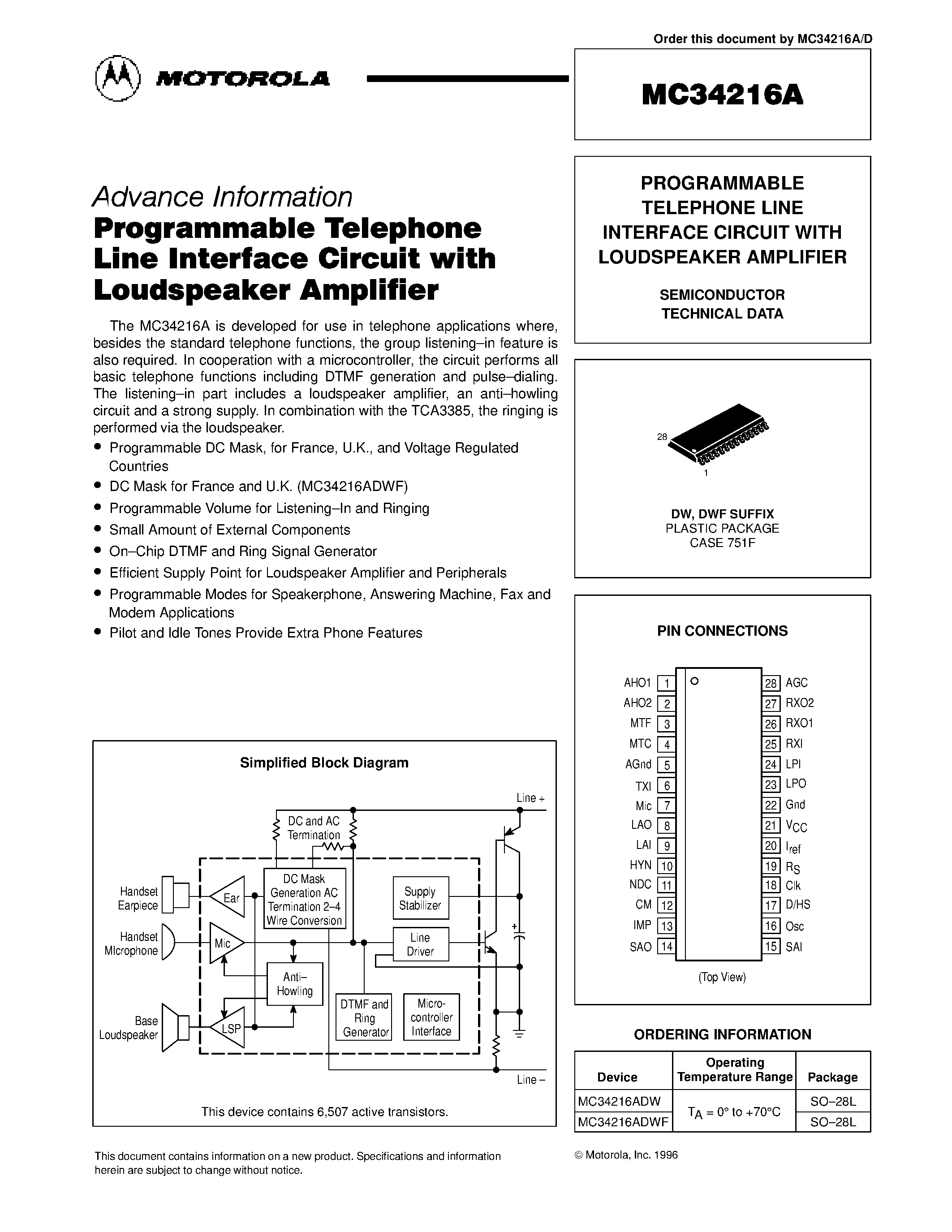 Даташит MC34216A - PROGRAMMABLE TELEPHONE LINE INTERFACE CIRCUIT WITH LOUDSPEAKER AMPLIFIER страница 1