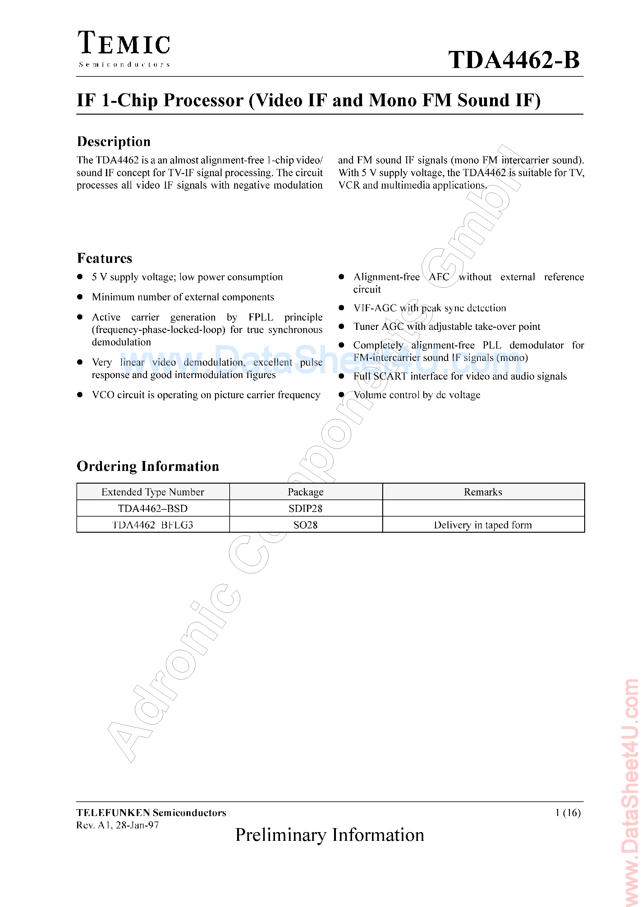 Datasheet TDA4462-B - IF 1-Chip Processor (Video IF and Mono FM Sound IF) page 1