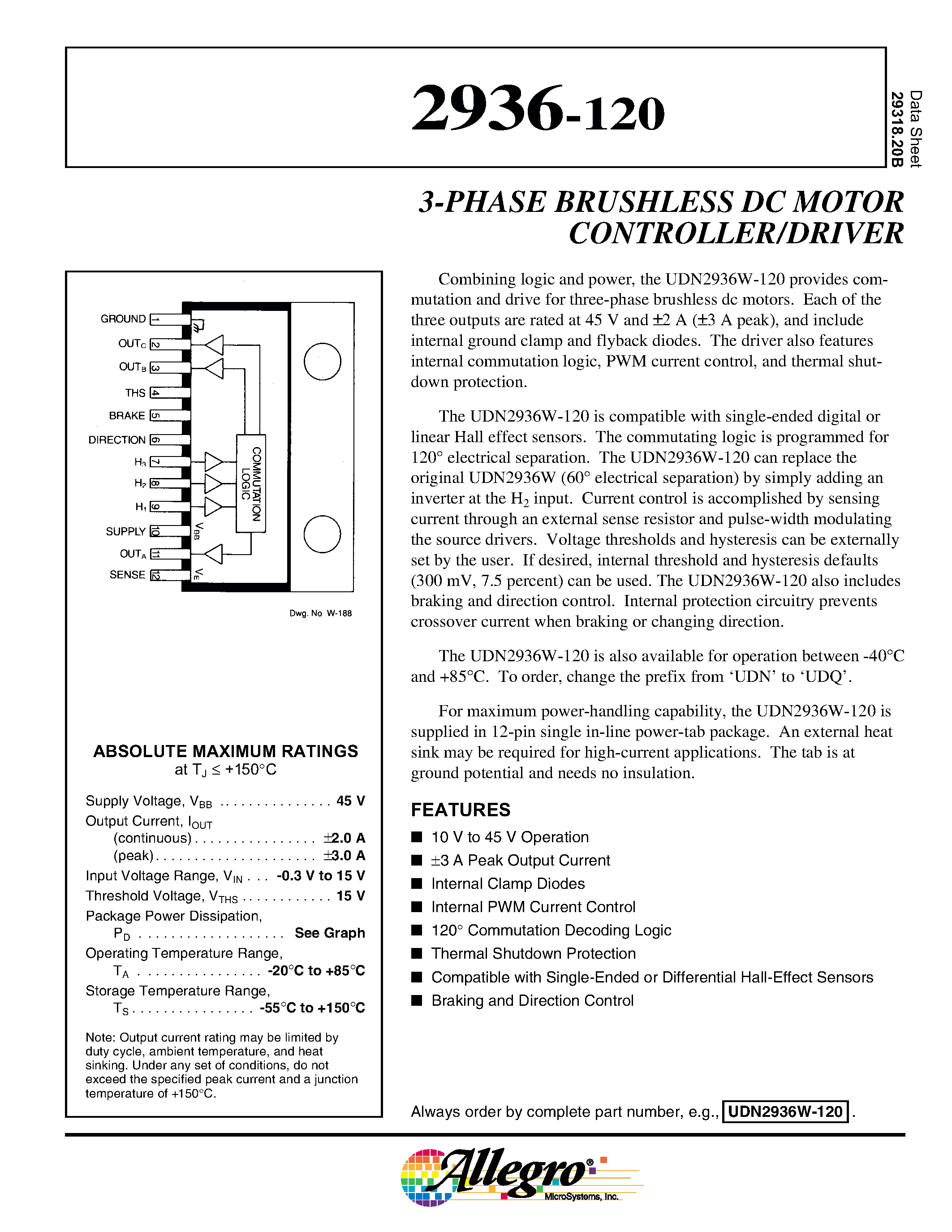 Даташит UDQ2936-120 - 3-PHASE BRUSHLESS DC MOTOR CONTROLLER/DRIVER страница 1