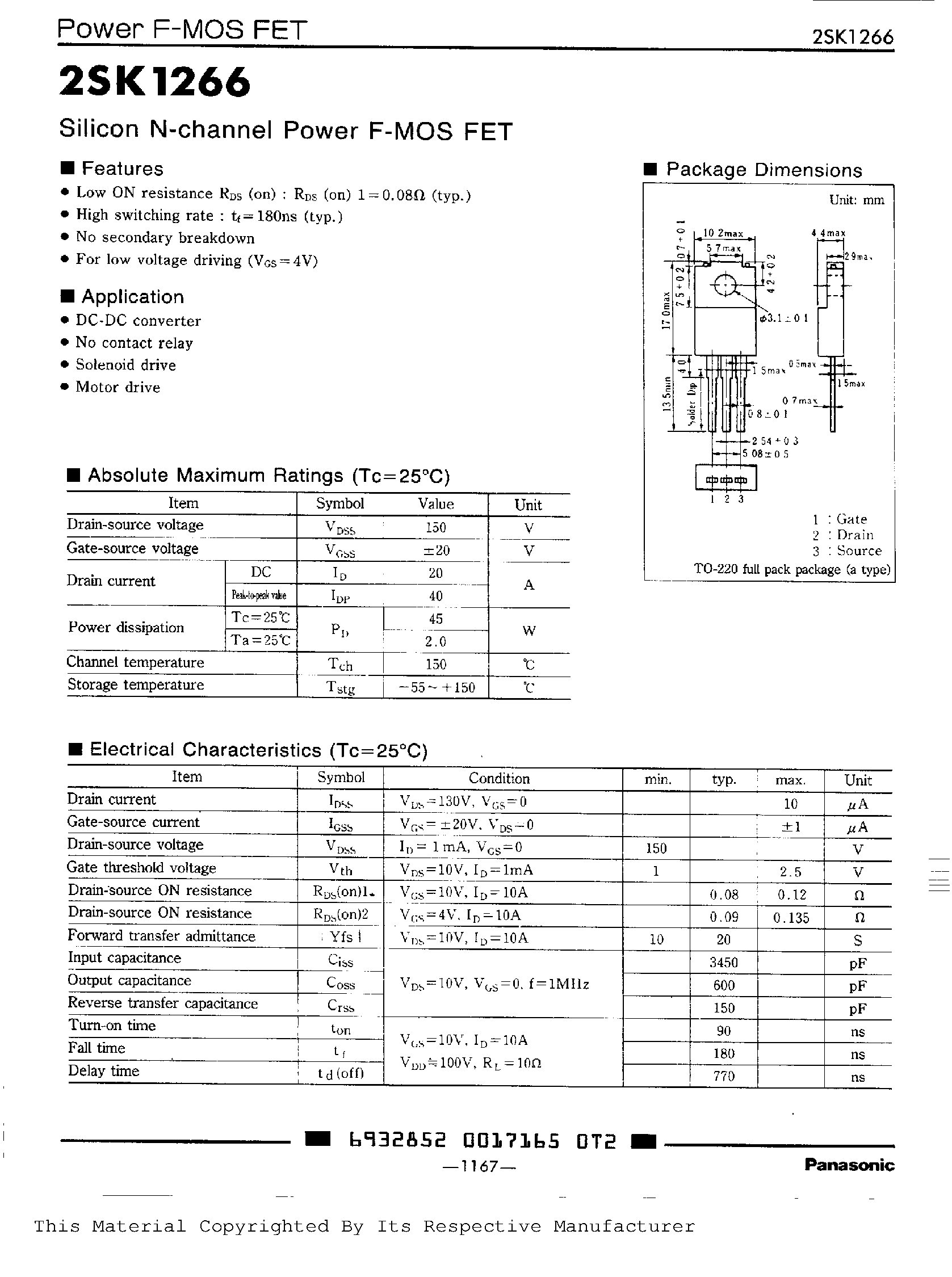 Datasheet 2SK1266 - Silicon N-channel Power F-MOS FET page 1