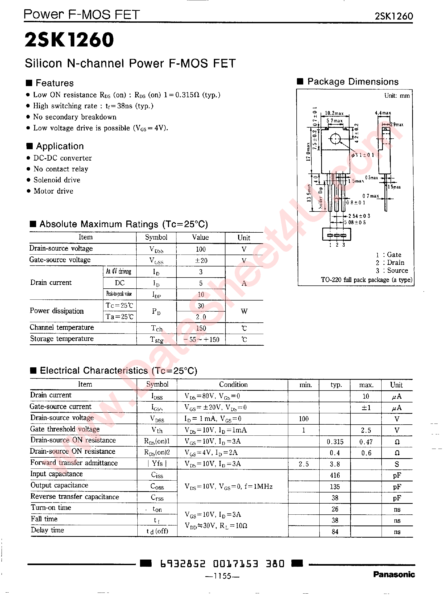 Datasheet 2SK1260 - Silicon N-channel Power F-MOS FET page 1