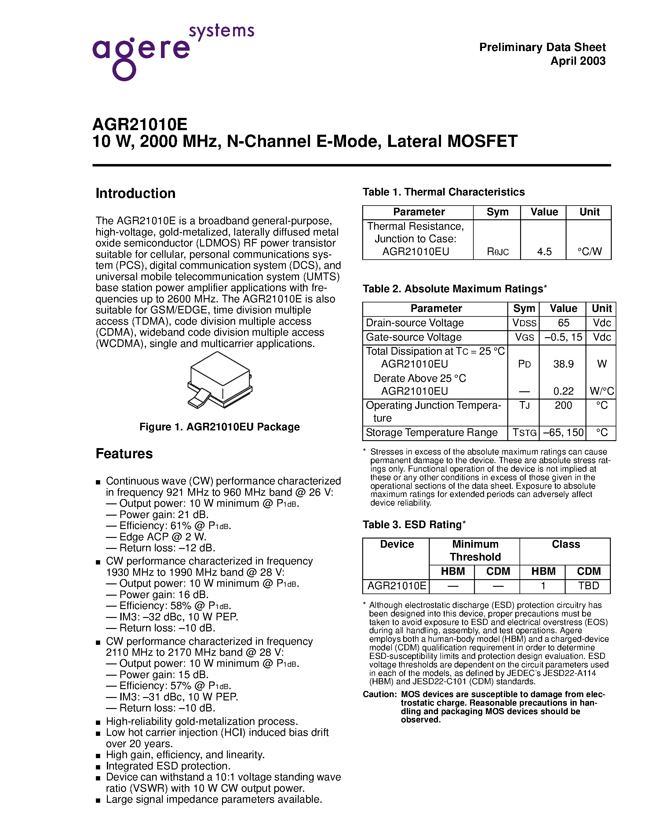 Datasheet AGR21010E - N-Channel E-Mode Lateral MOSFET page 1