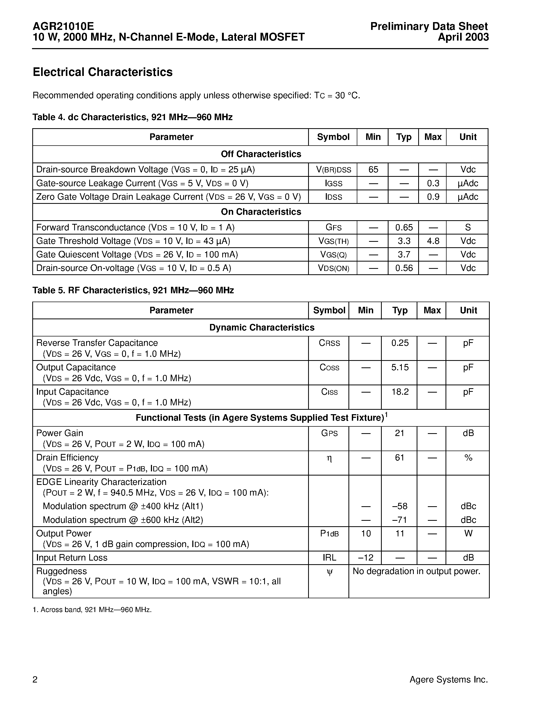 Datasheet AGR21010E - N-Channel E-Mode Lateral MOSFET page 2