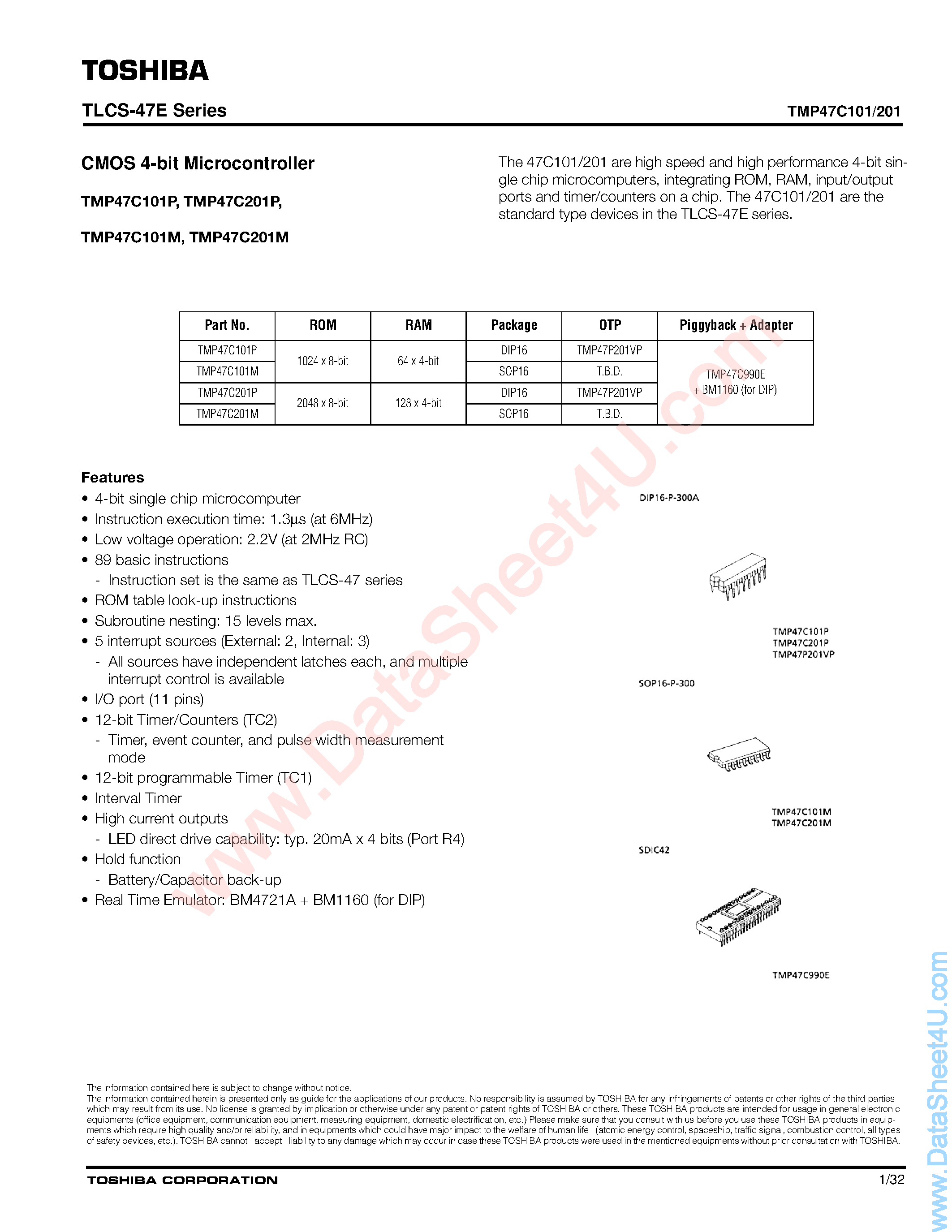 Datasheet TMP47P101 - (TMP47P101/201) CMOS 4-Bit Microcontroller page 1