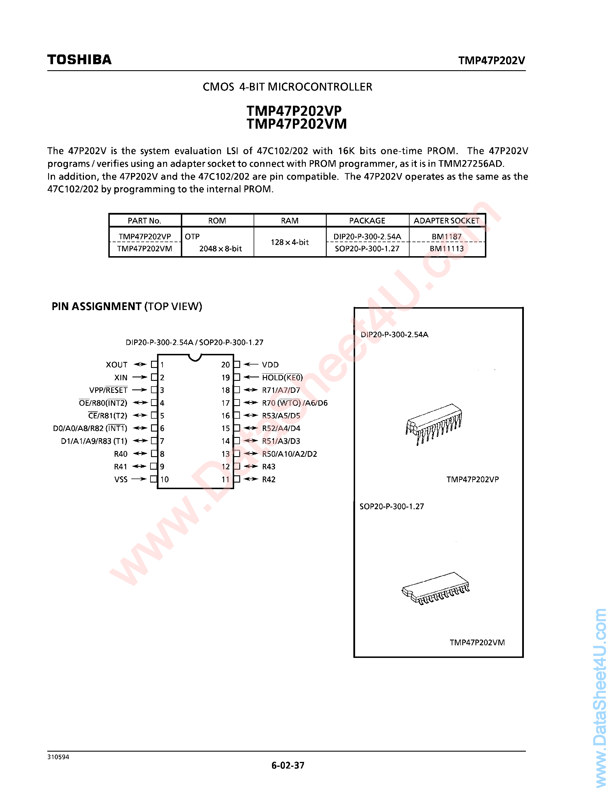 Datasheet TMP47P202 - CMOS 4-Bit Microcontroller page 1