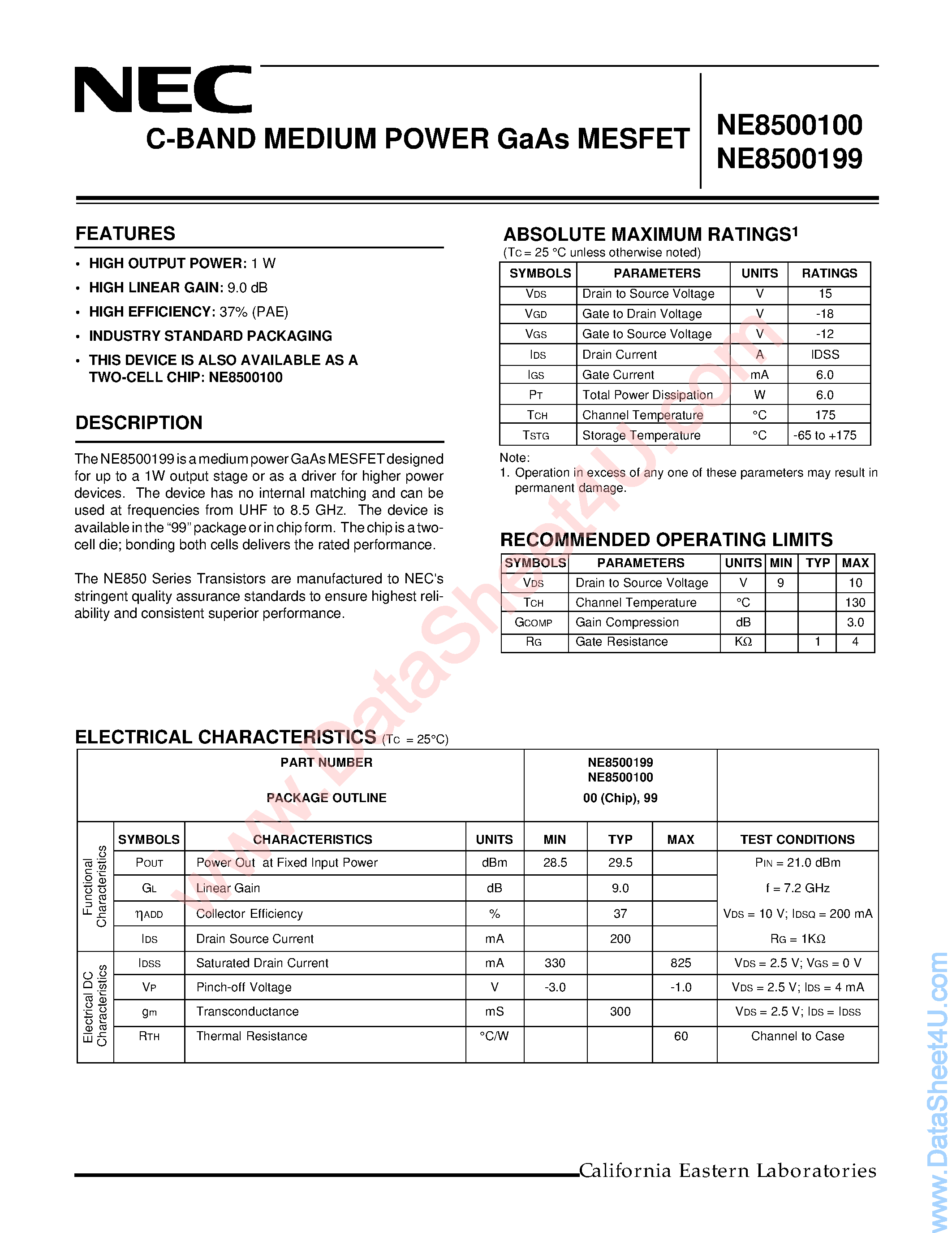 Datasheet NE500100 - (NE500100 / NE500199) C-Band Medium Power GaAs MESFET page 1