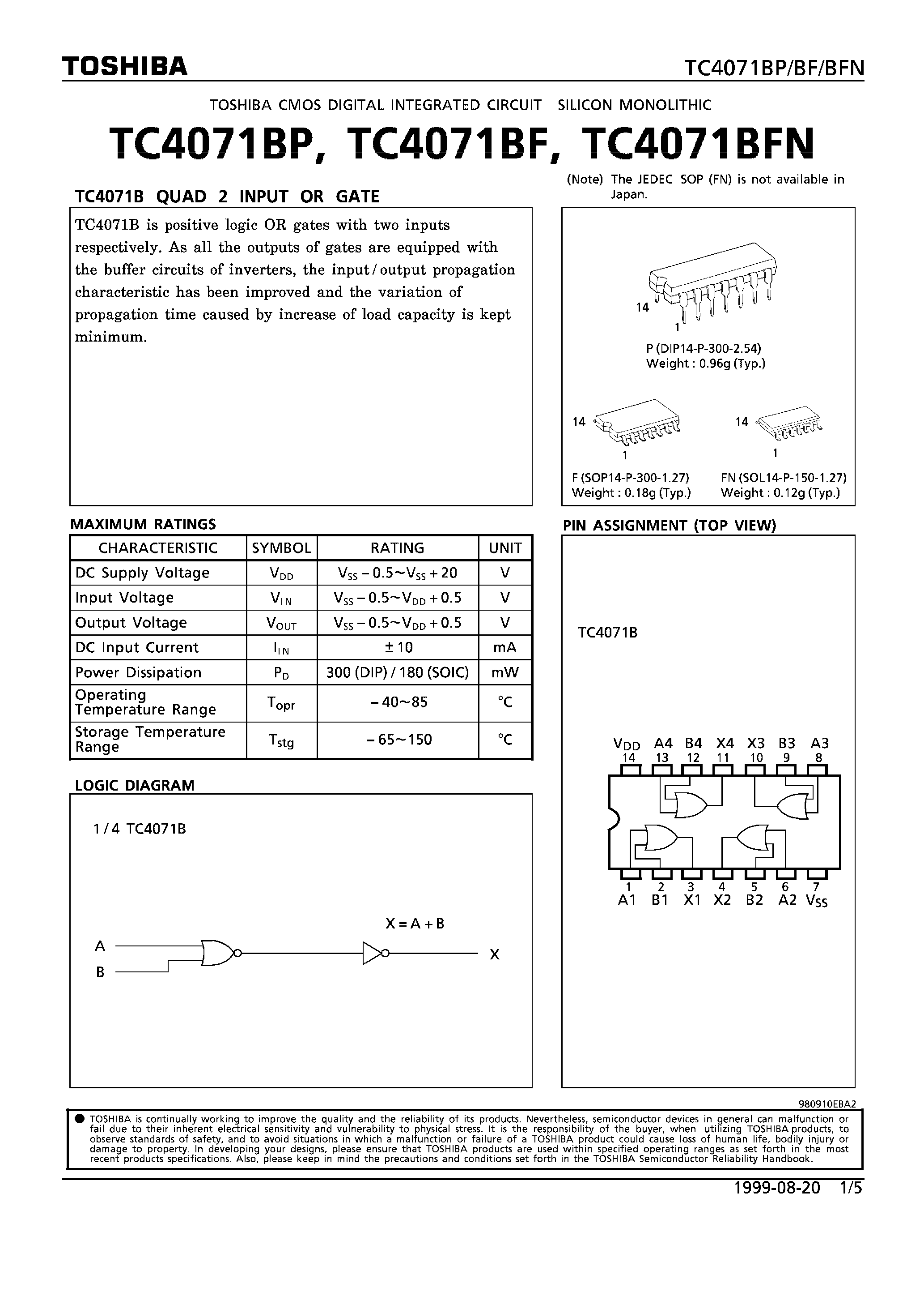 Даташит TC4071BF - (TC4071xx) QUAD 2 INPUT OR GATE страница 1