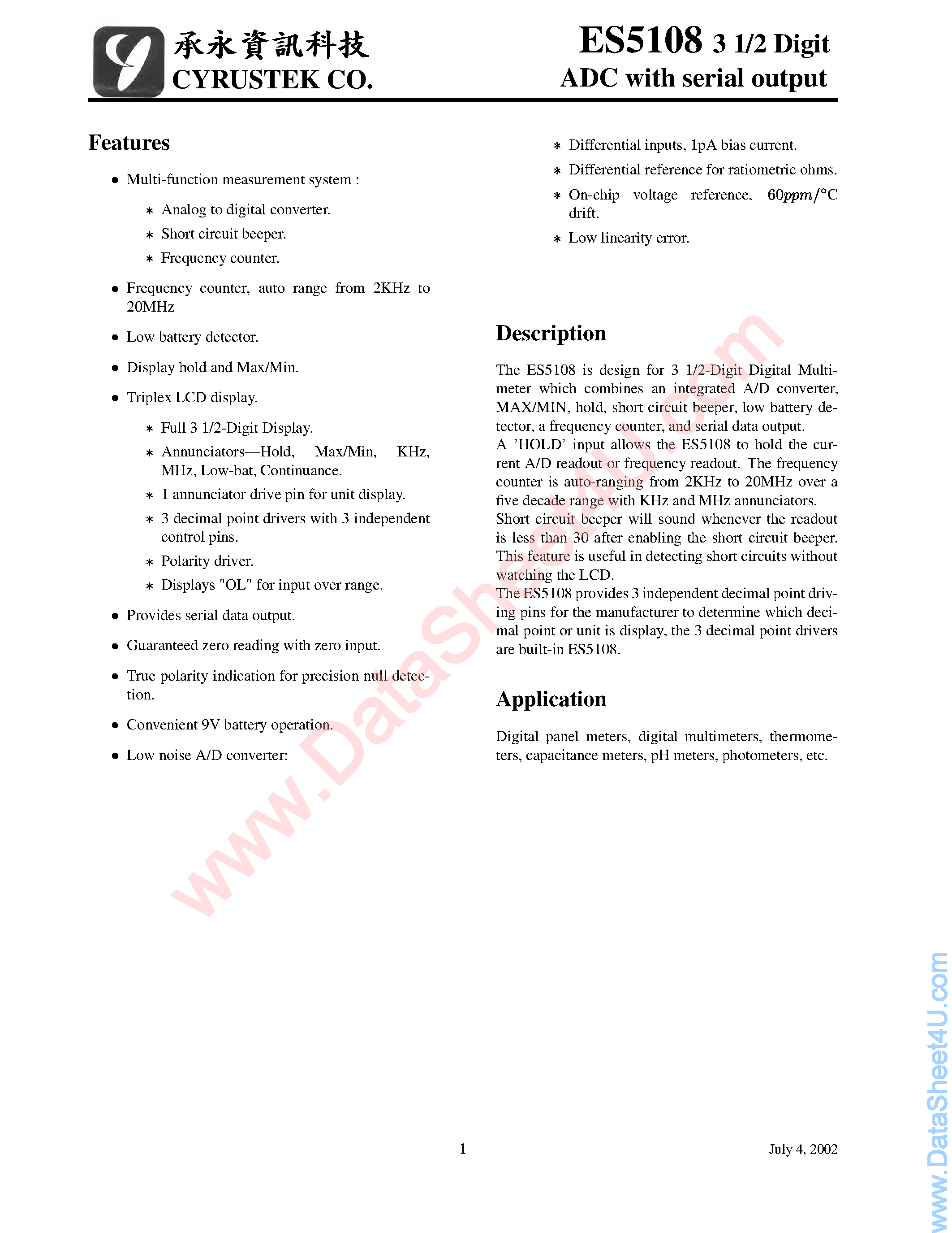 Даташит ES5108 - 31/2 Digit A/D Converter W/serial Output страница 1