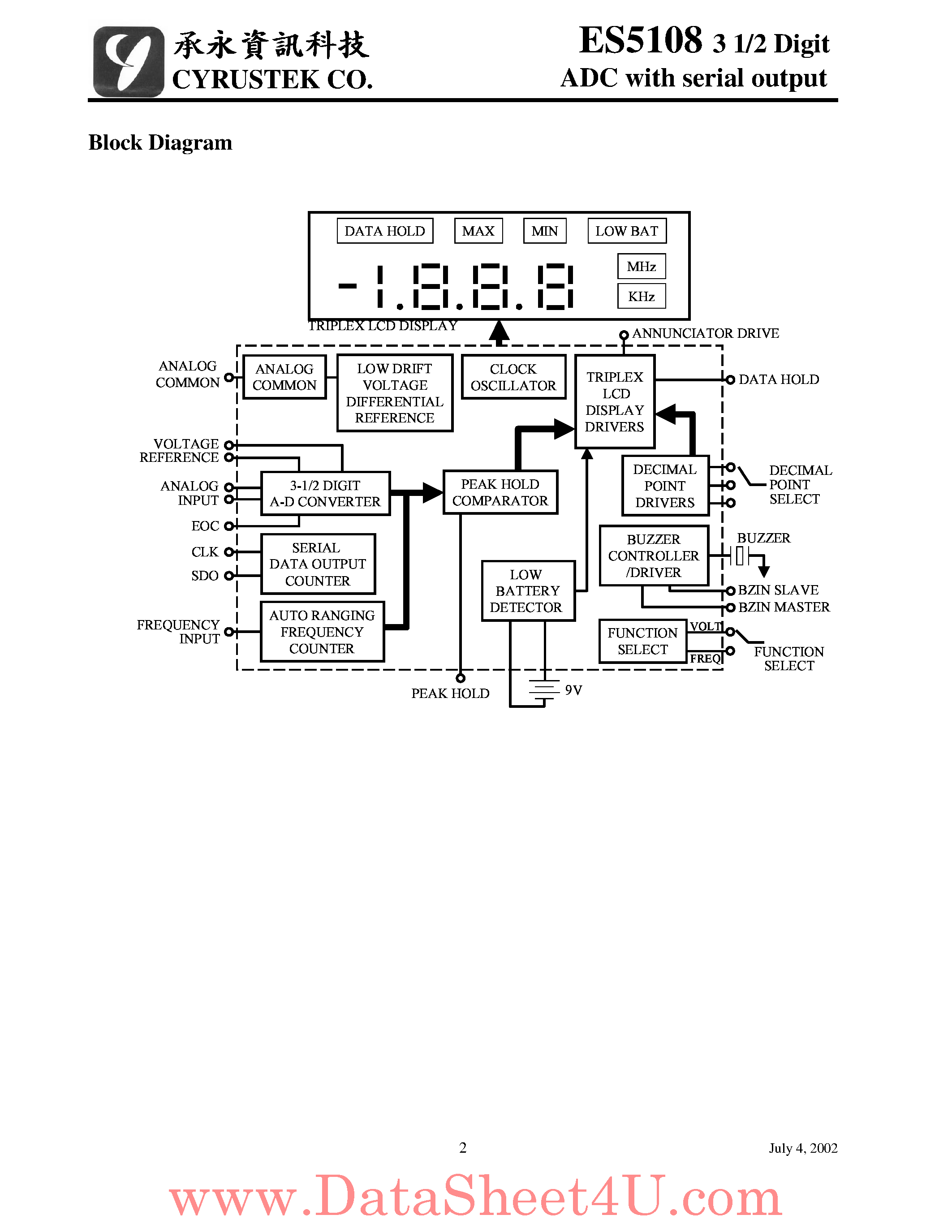 Даташит ES5108 - 31/2 Digit A/D Converter W/serial Output страница 2