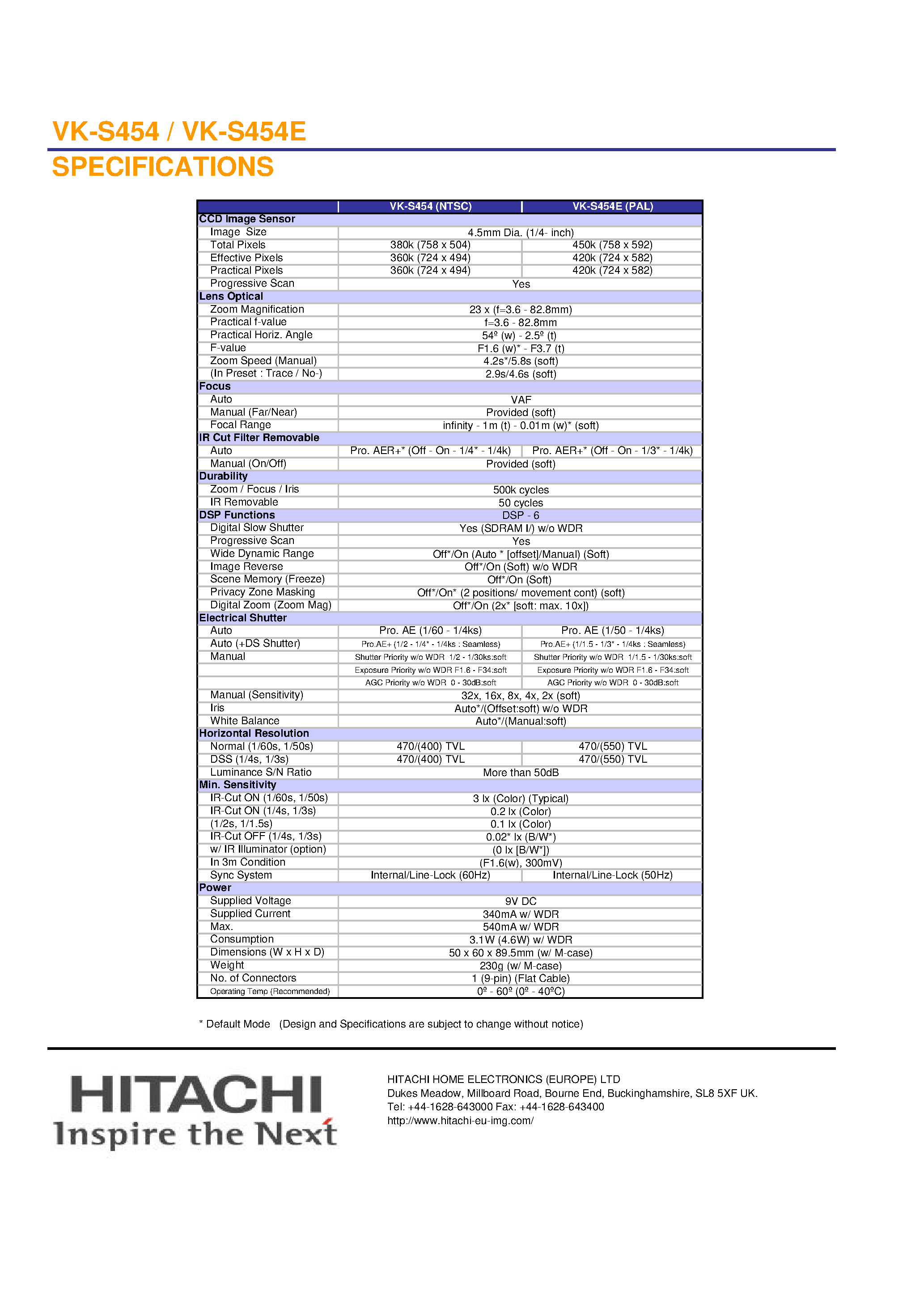 Datasheet VK-S454 - (VK-S454/E) Wide Dynamic Range High Sensitivity Color Zoom Camera page 2