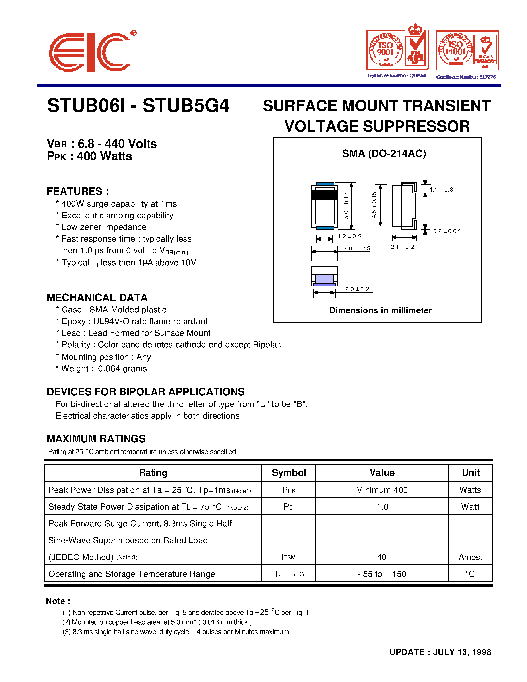 Даташит STUBxxx - SURFACE MOUNT TRANSIENT VOLTAGE SUPPRESSOR страница 1