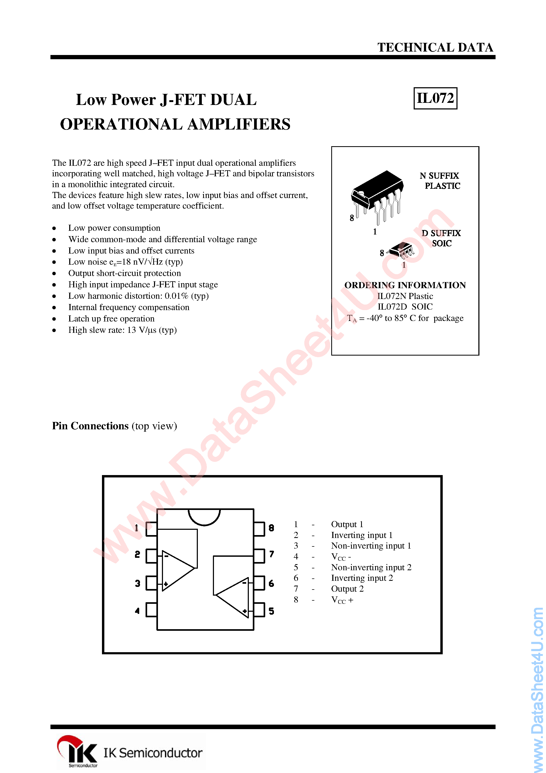 Даташит IL072 - Low Power J-FET DUAL OPERATIONAL AMPLIFIERS страница 1