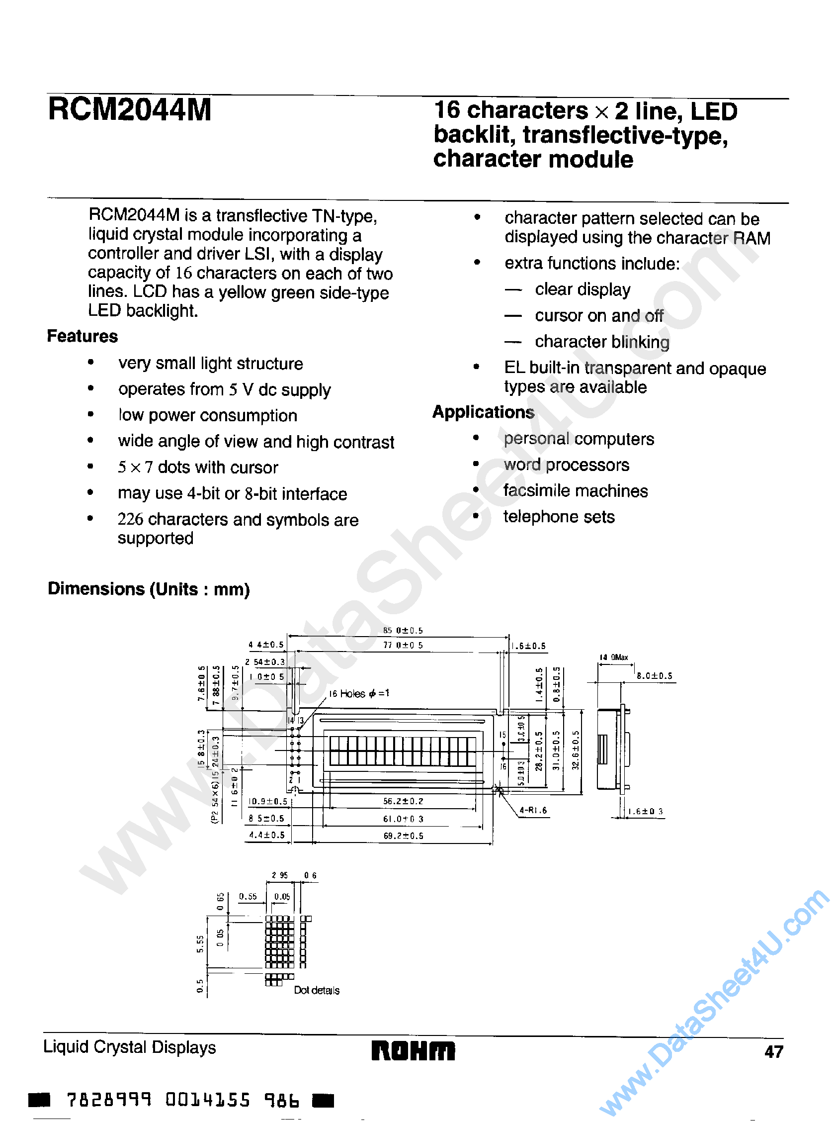 Даташит RCM2044M - 16 x 2 Line / LED Backlit / Character Module страница 1