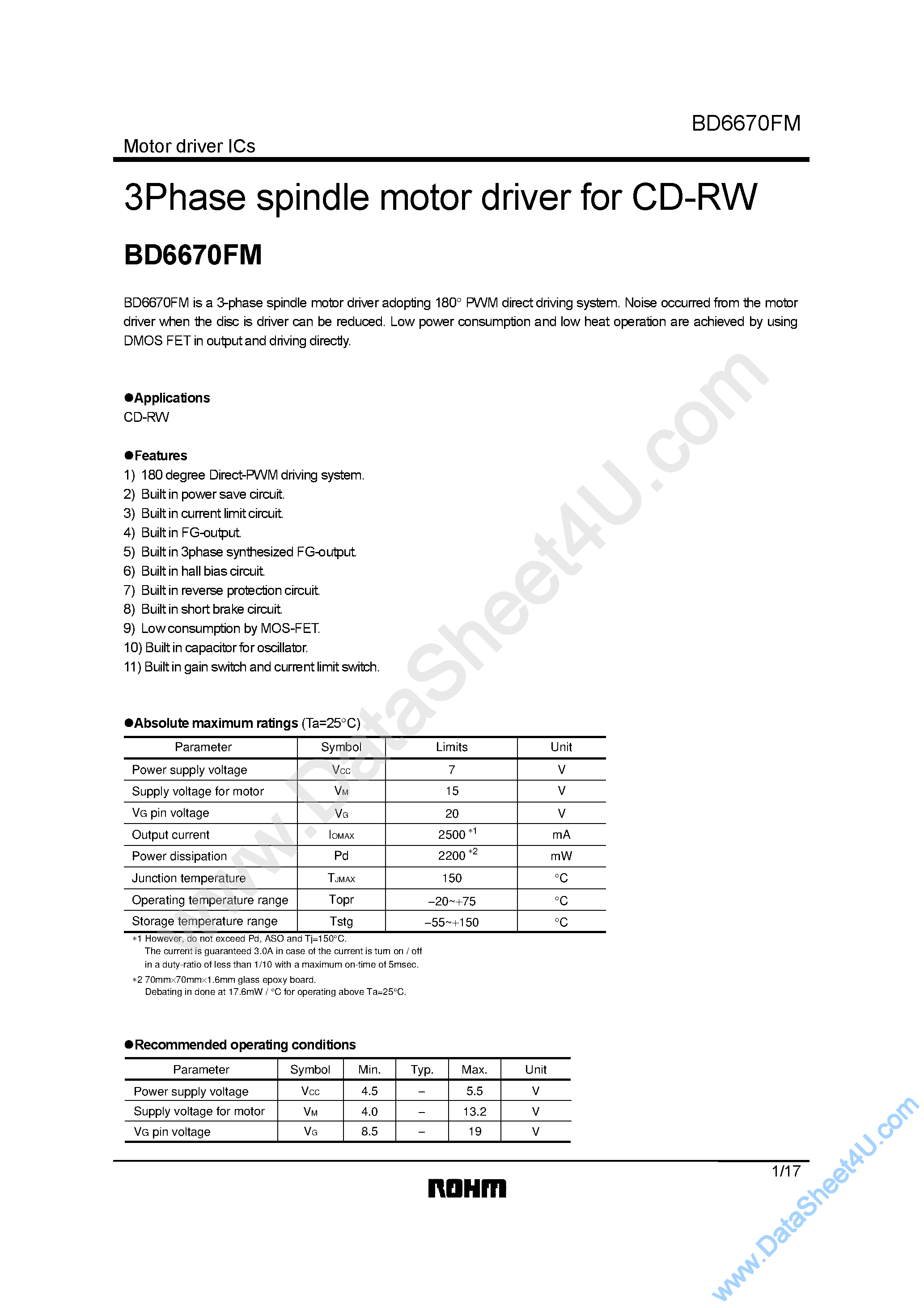 Даташит BD6670FM - 3-phase spindle motor driver for CD-RW страница 1