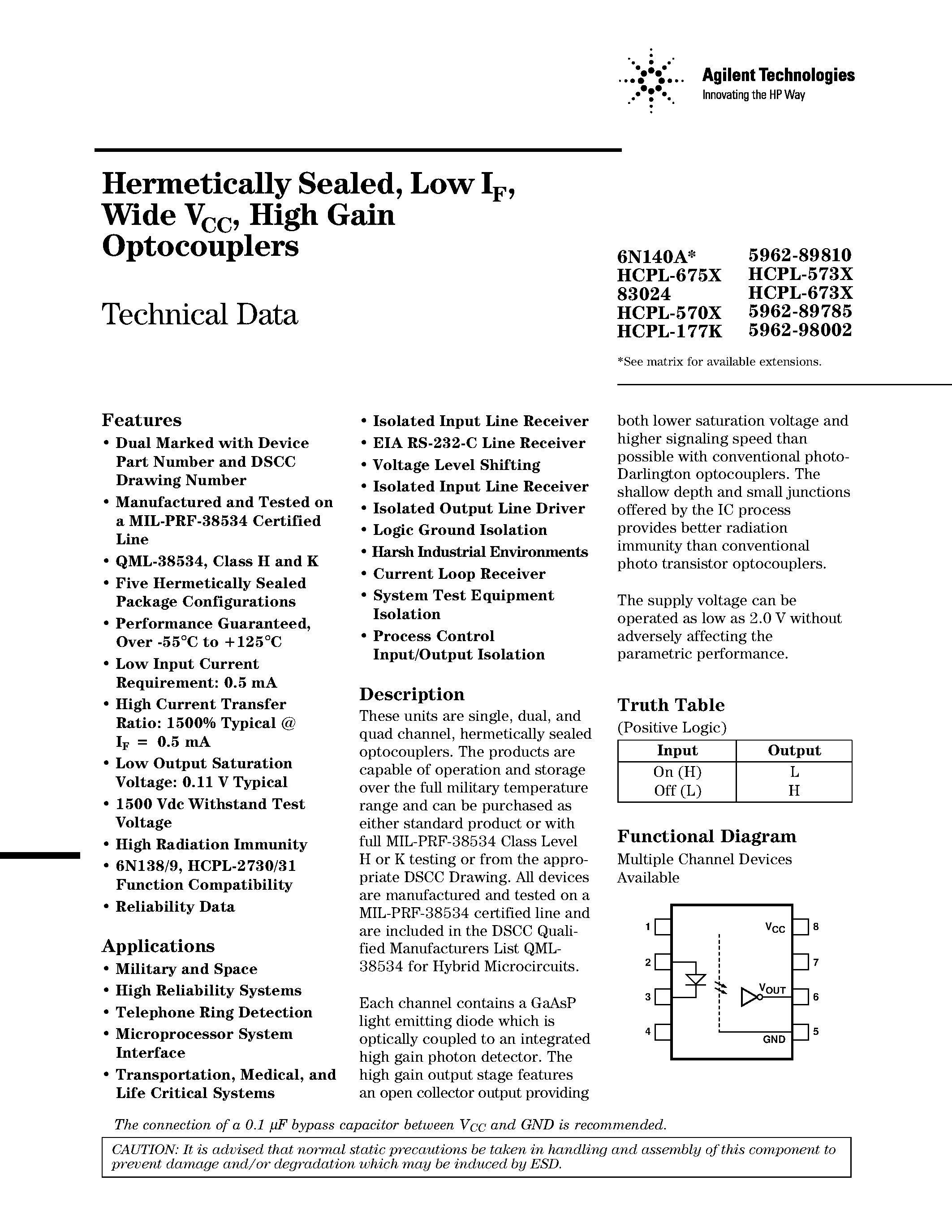 Datasheet HCPL-177K - (HCPL-xxxx) Hermetically Sealed / Low IF / Wide VCC / High Gain Optocouplers page 1