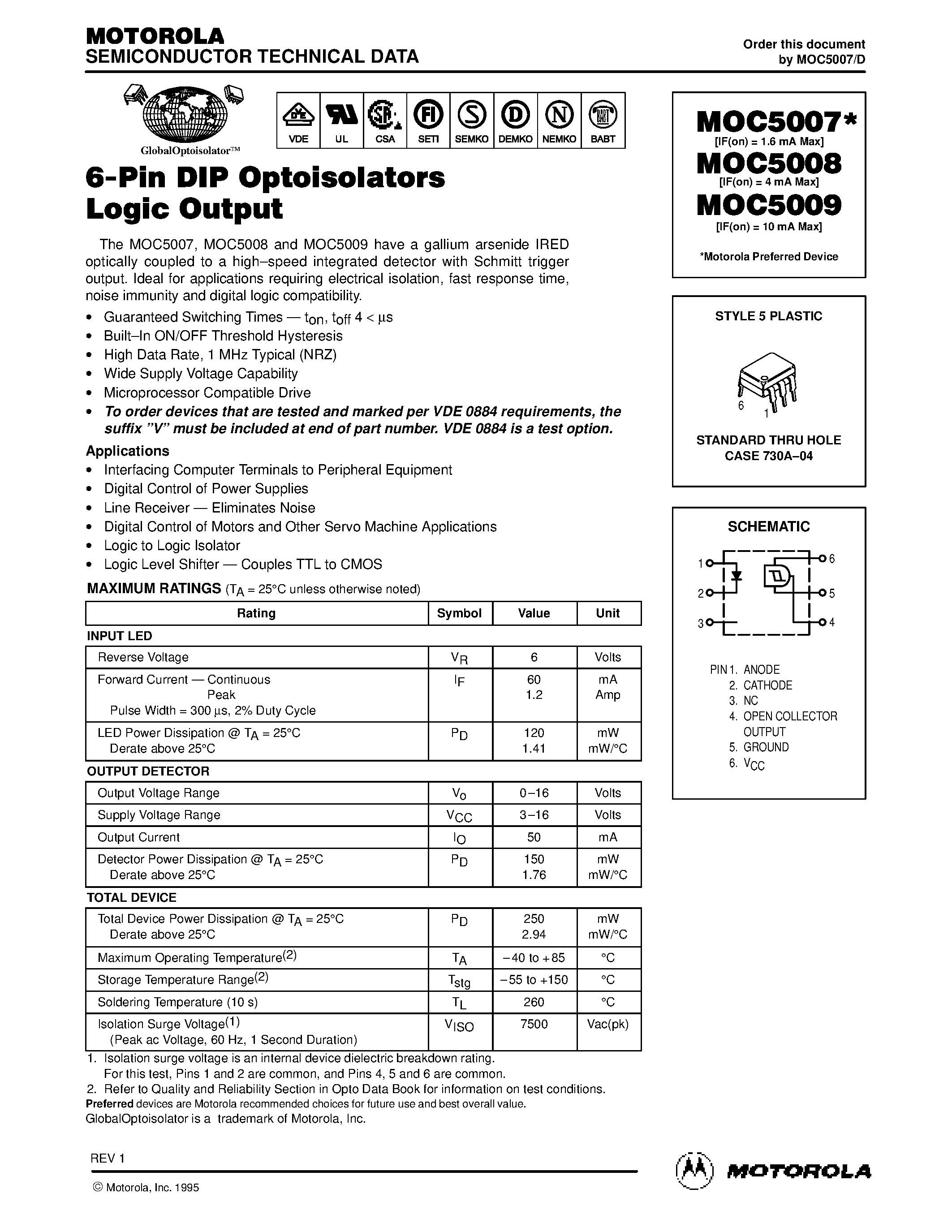 Даташит MOC5007 - (MOC5007 - MOC5009) 6-Pin DIP Optoisolators Logic Output страница 1