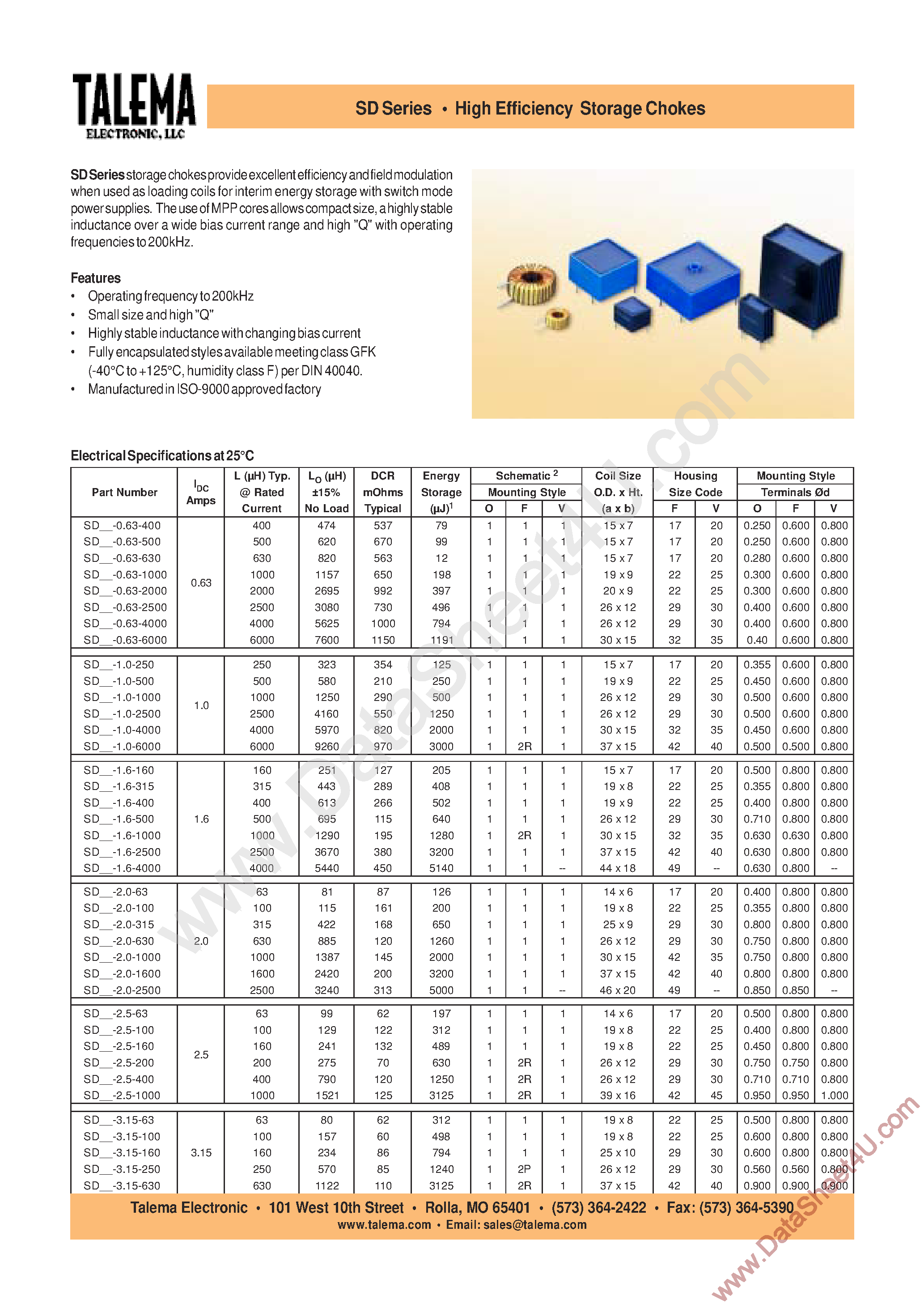 Даташит SDF-0.63-1000 - (SD Series) High Efficiency Storage Chokes страница 1