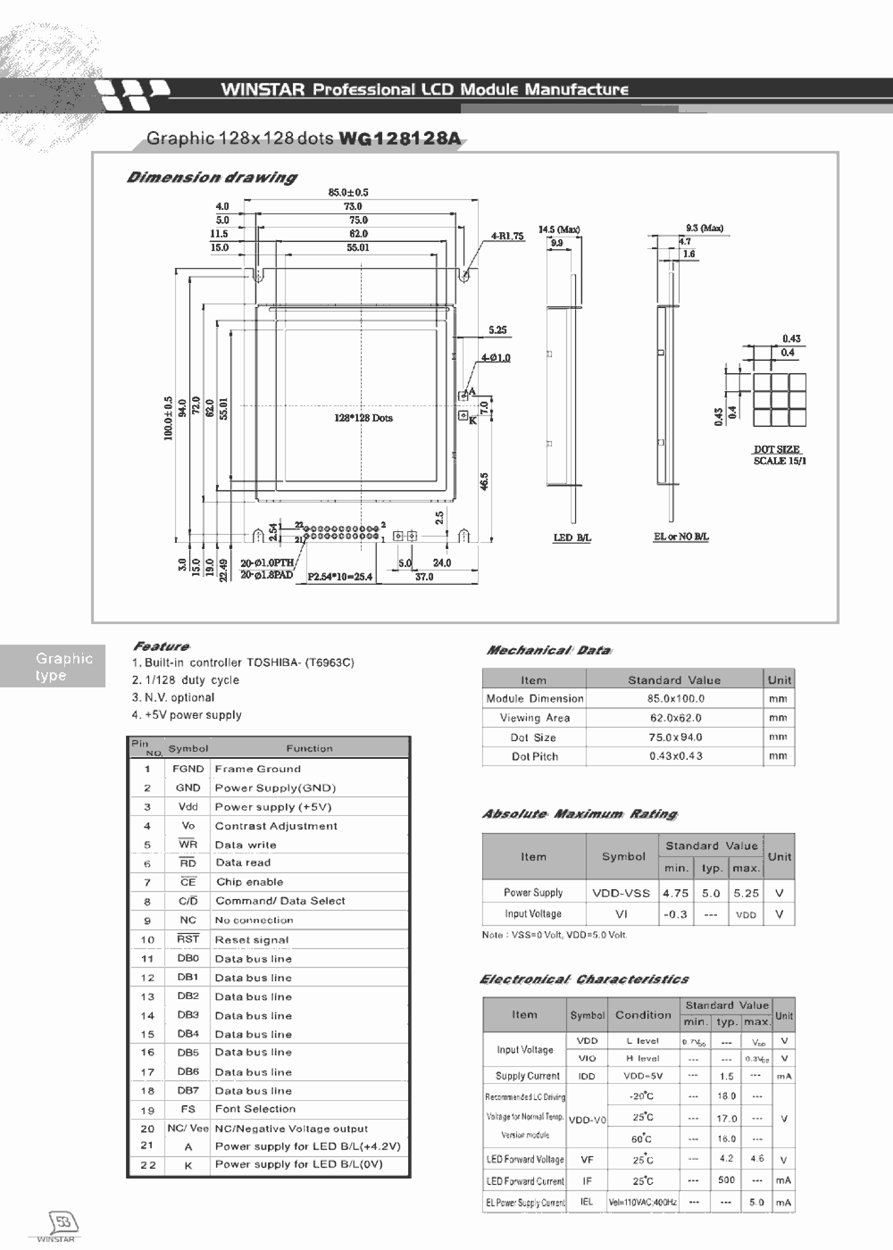 Datasheet WG128128A - LCD MODULE GRAPHIC 128 X 128 DOTS page 1