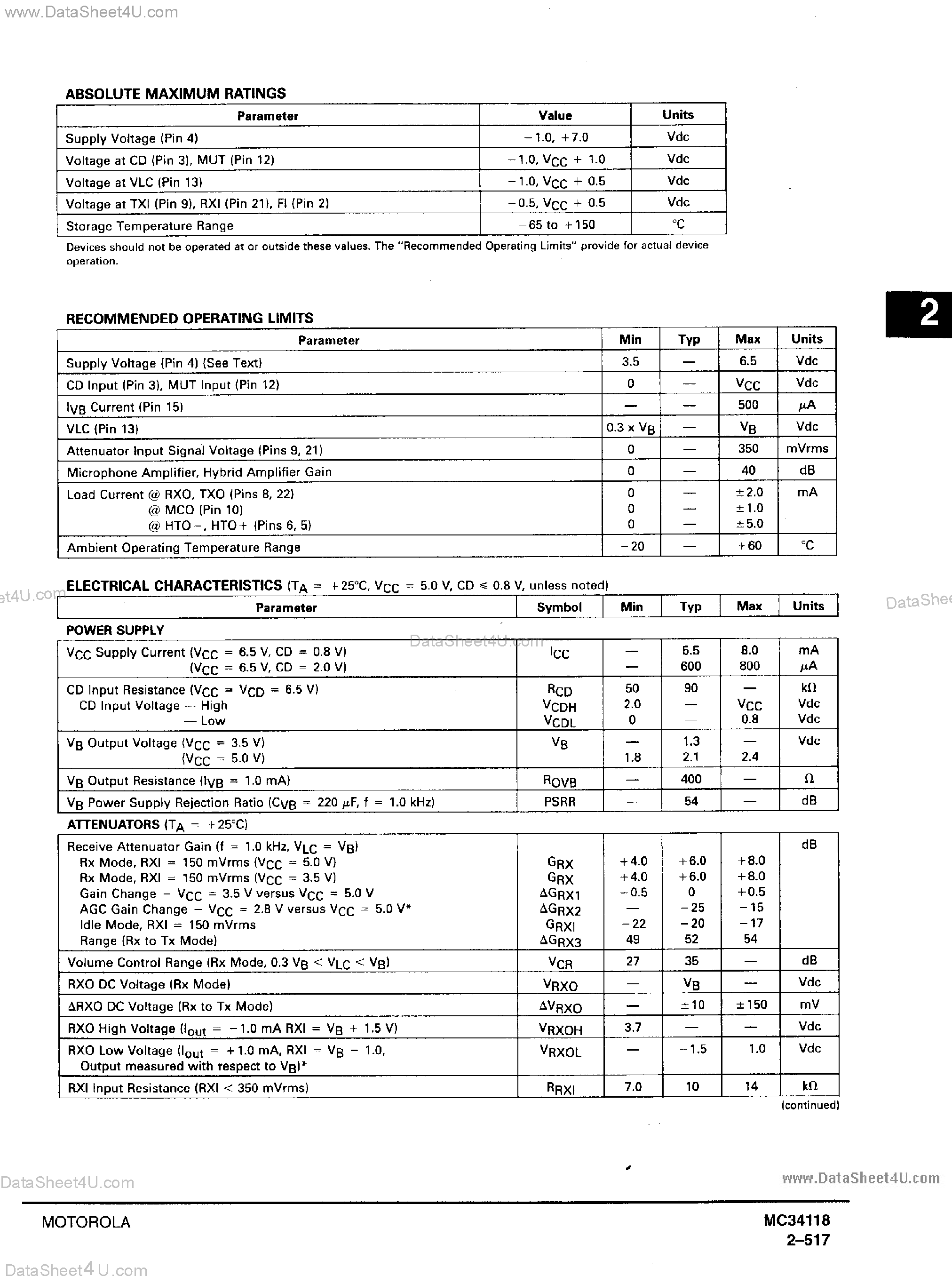 Даташит MC34118 - VOICE SWITCHED SPEAKERPHONE CIRCUIT страница 2