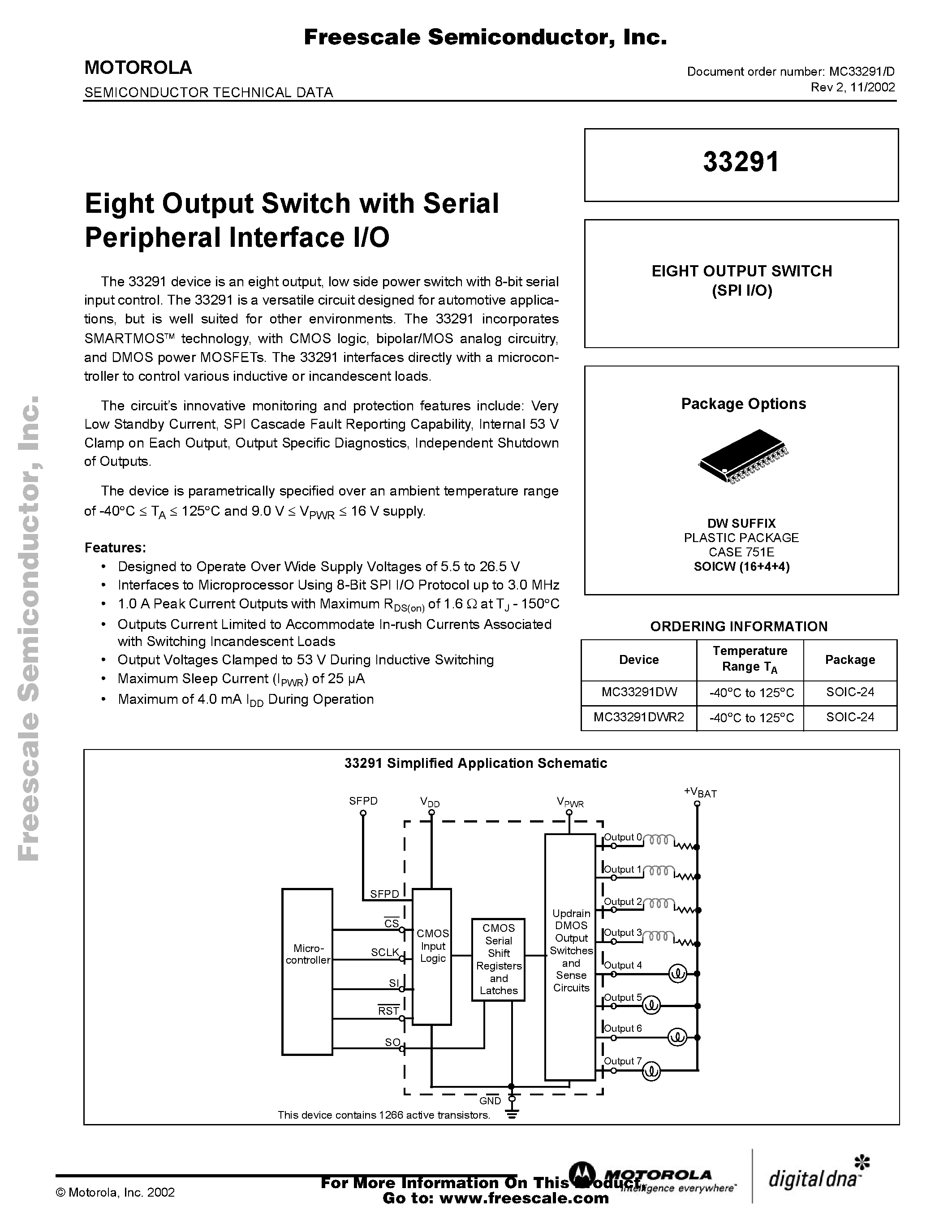 Datasheet MC33291 - Eight Output Switch with Serial Peripheral Interface I/O page 1