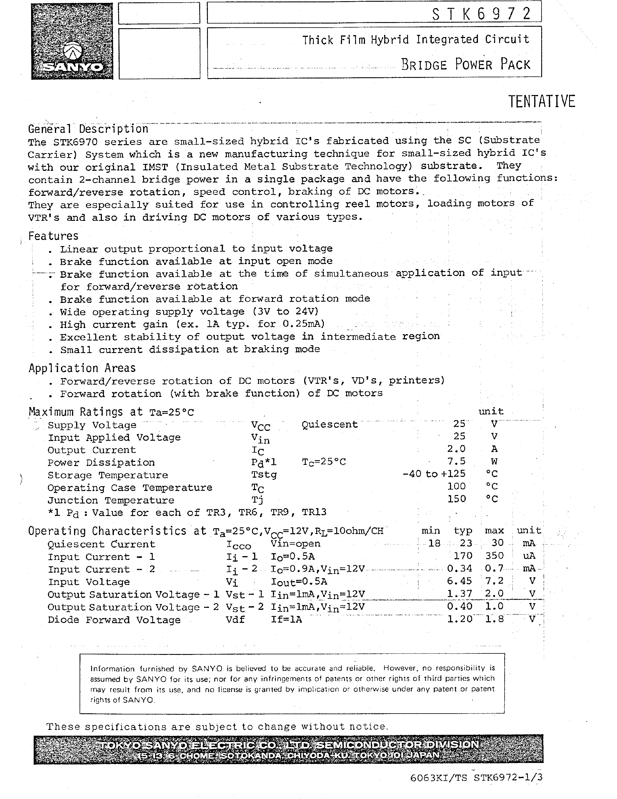 Datasheet STK6972 - Thick Film Hybrid Integrated Circuit BRIDGE POWER PACK page 1